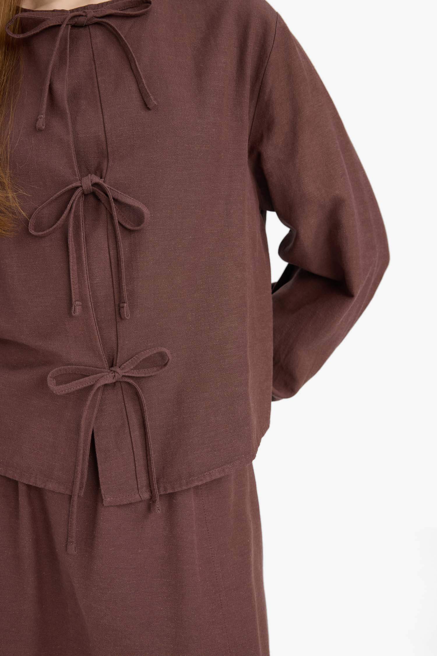 Relax Fit Önden Bağlamalı Keten Uzun Kollu Tesettür Bluz