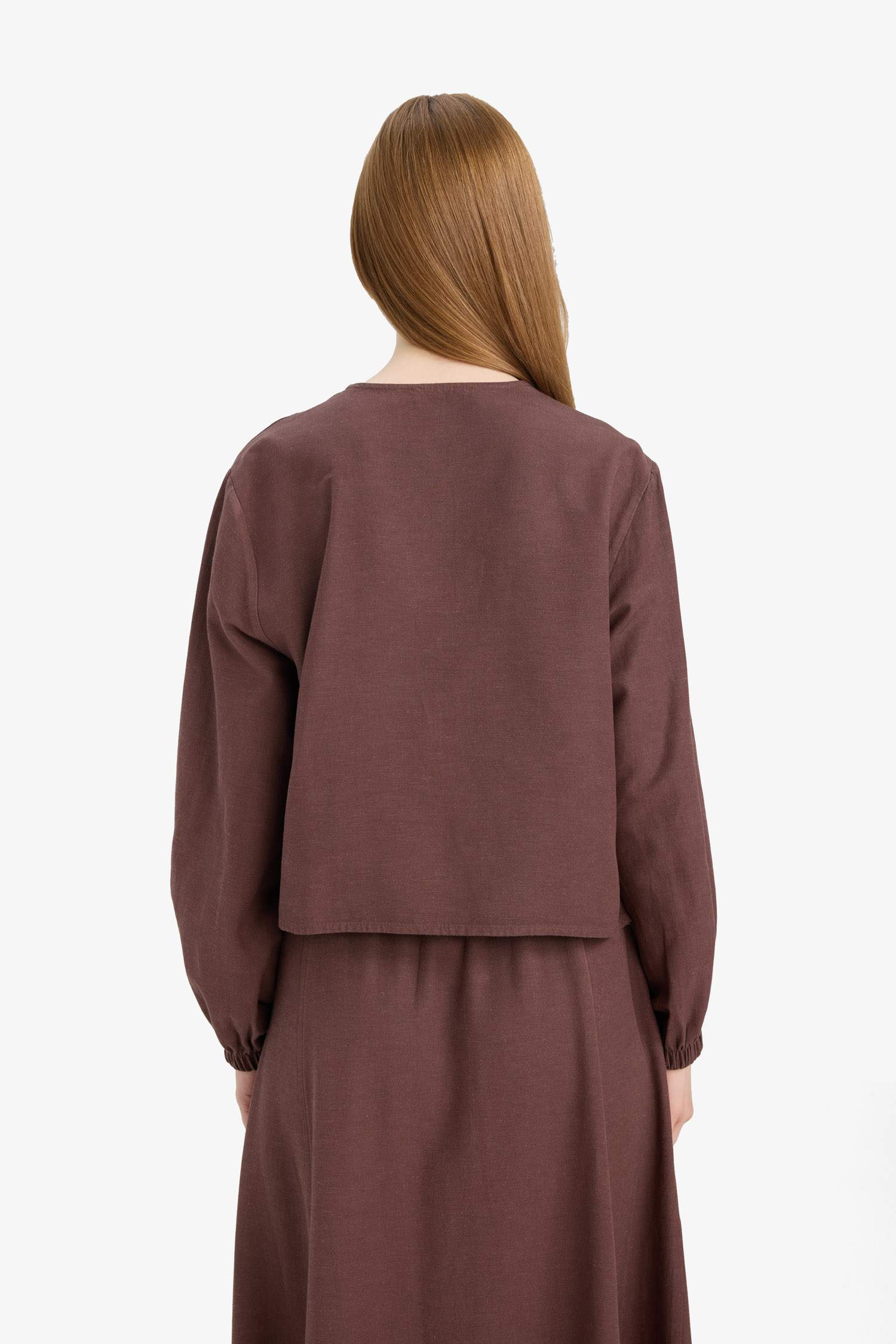 Relax Fit Önden Bağlamalı Keten Uzun Kollu Tesettür Bluz