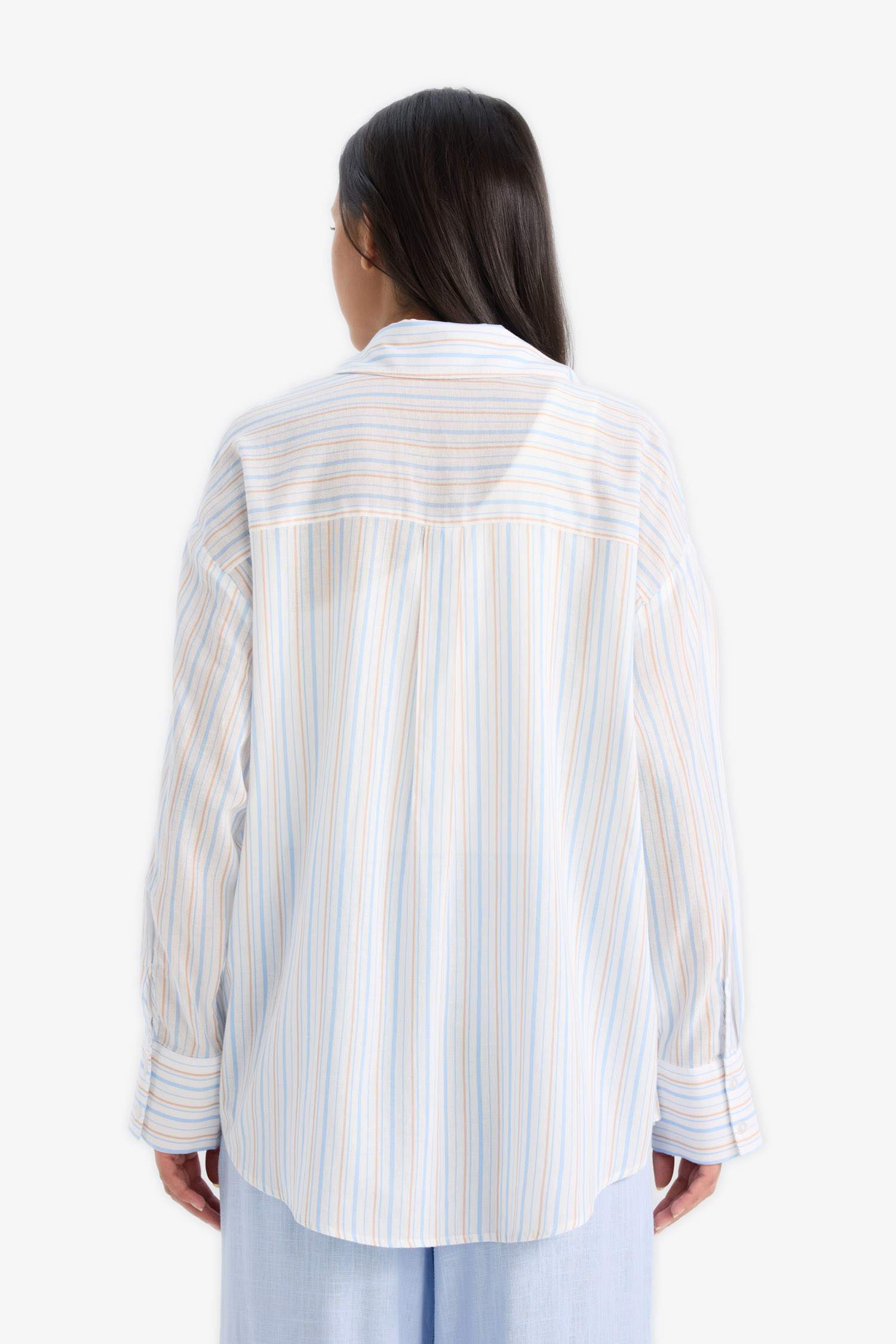 Oversize Fit Shirt Collar Voile Striped Shirt