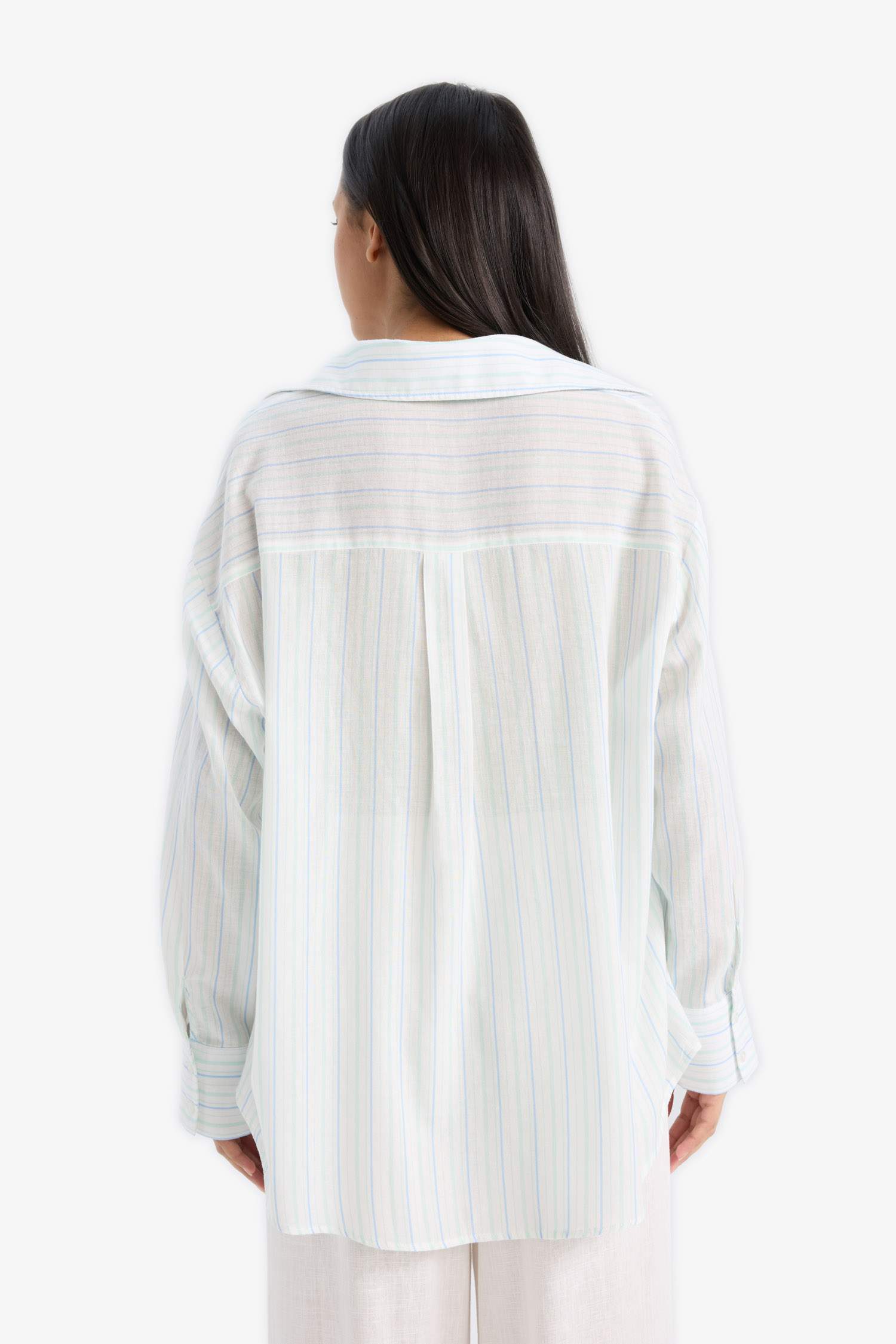 Oversize Fit Shirt Collar Voile Striped Shirt