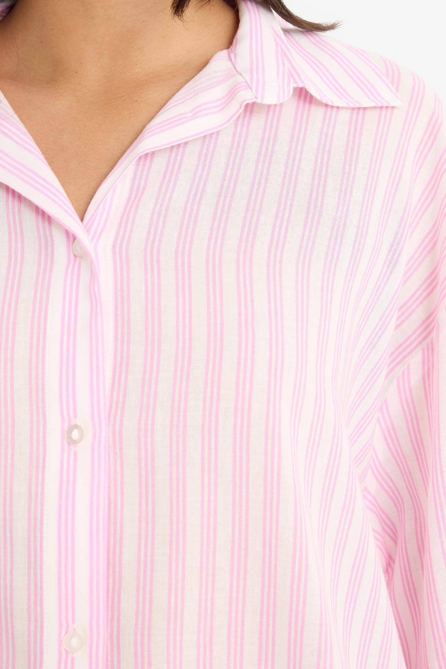 Oversize Fit Shirt Collar Voile Striped Long Sleeve Shirt