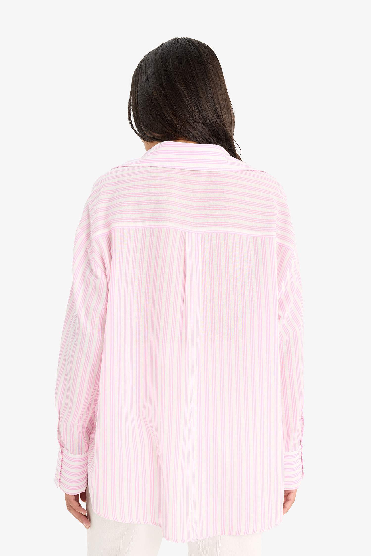 Oversize Fit Shirt Collar Voile Striped Long Sleeve Shirt