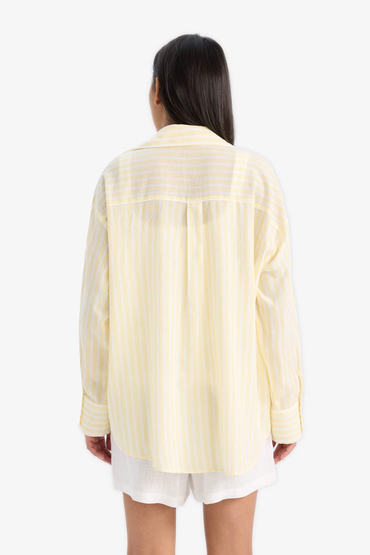 Oversize Fit Shirt Collar Voile Striped Long Sleeve Shirt