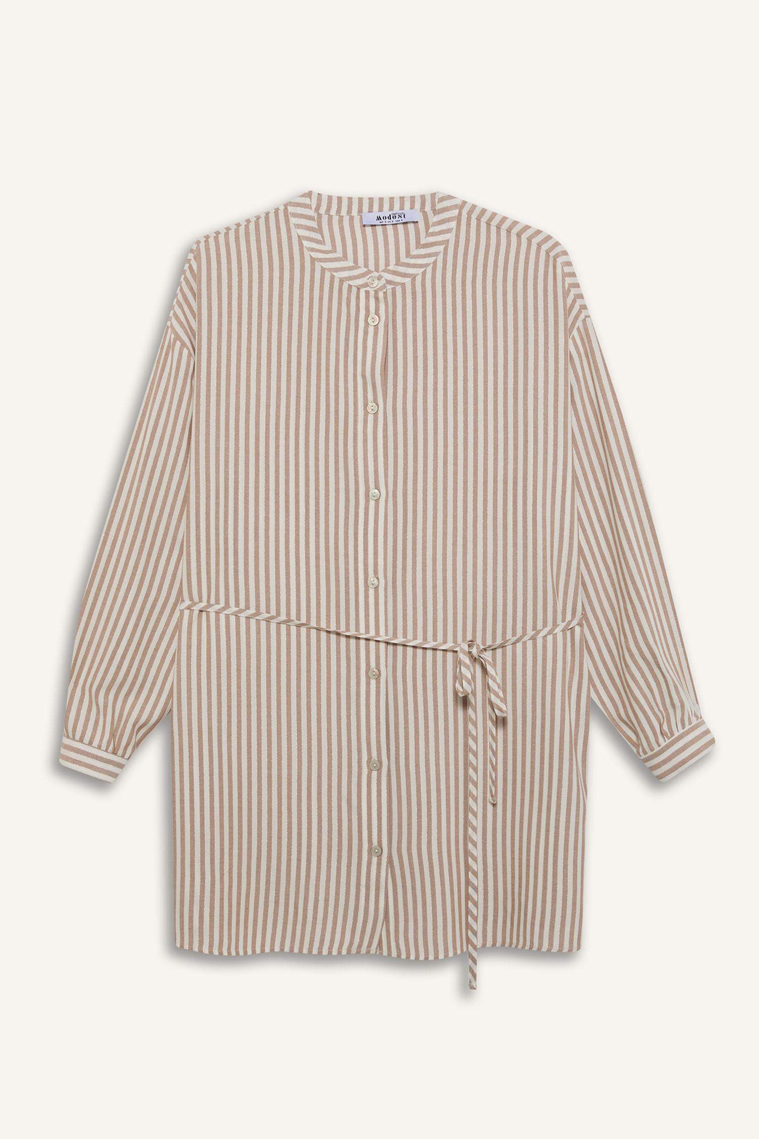 Relax Fit Çizgili Uzun Kollu Bağcıklı Gömlek Tunik