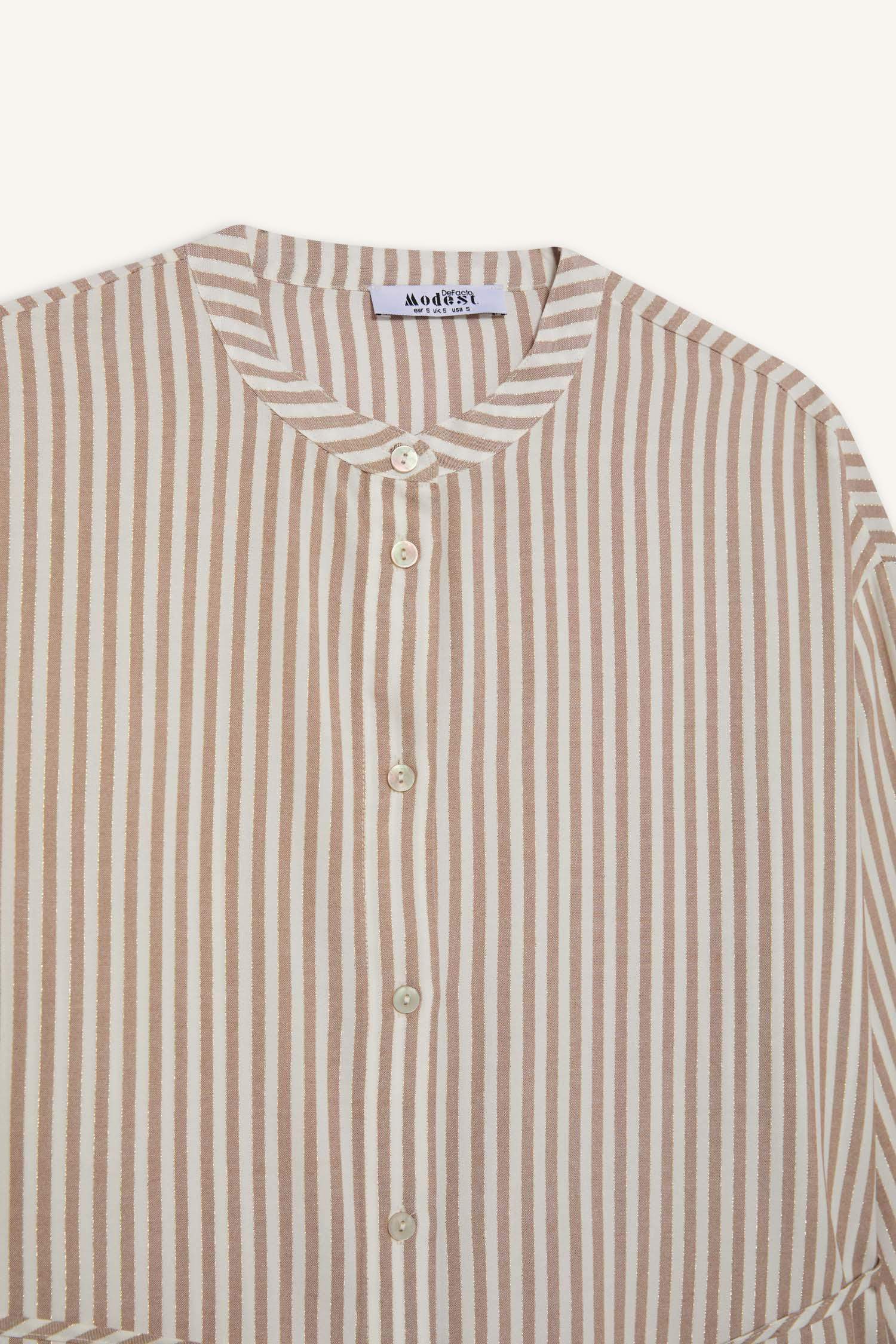 Relax Fit Çizgili Uzun Kollu Bağcıklı Gömlek Tunik