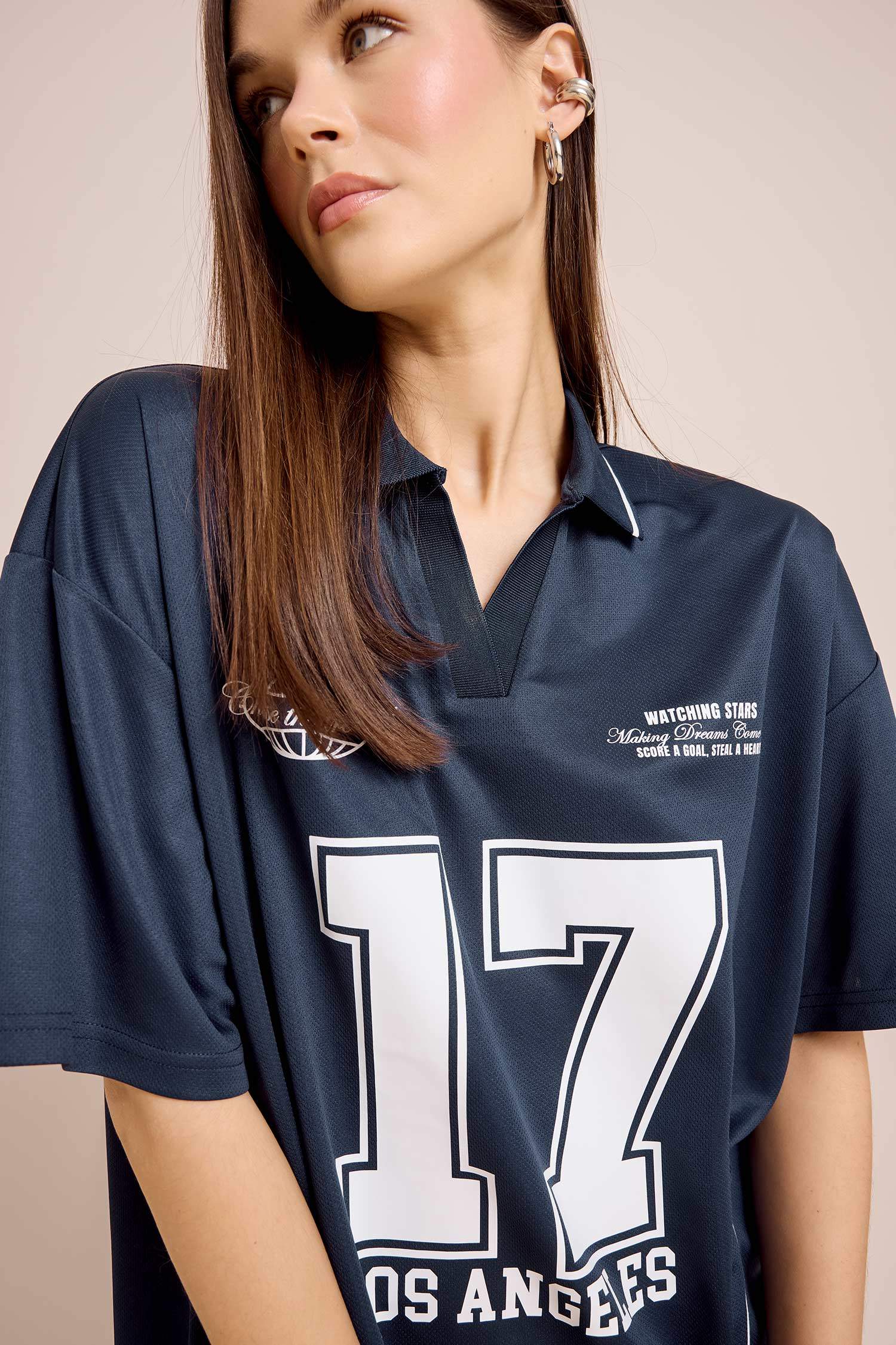 Coool Oversize Geniş Kalıp Polo Yaka Baskılı Forma Kumaşı Kısa Kollu Tişört