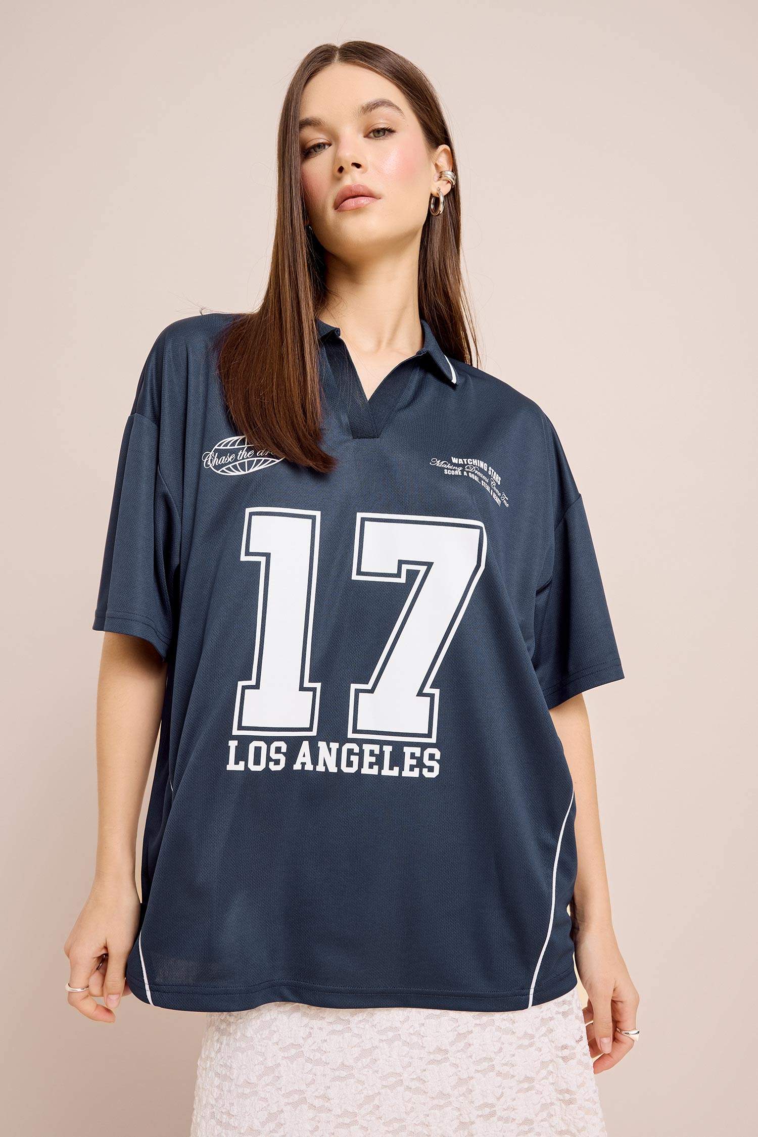 Coool Oversize Geniş Kalıp Polo Yaka Baskılı Forma Kumaşı Kısa Kollu Tişört