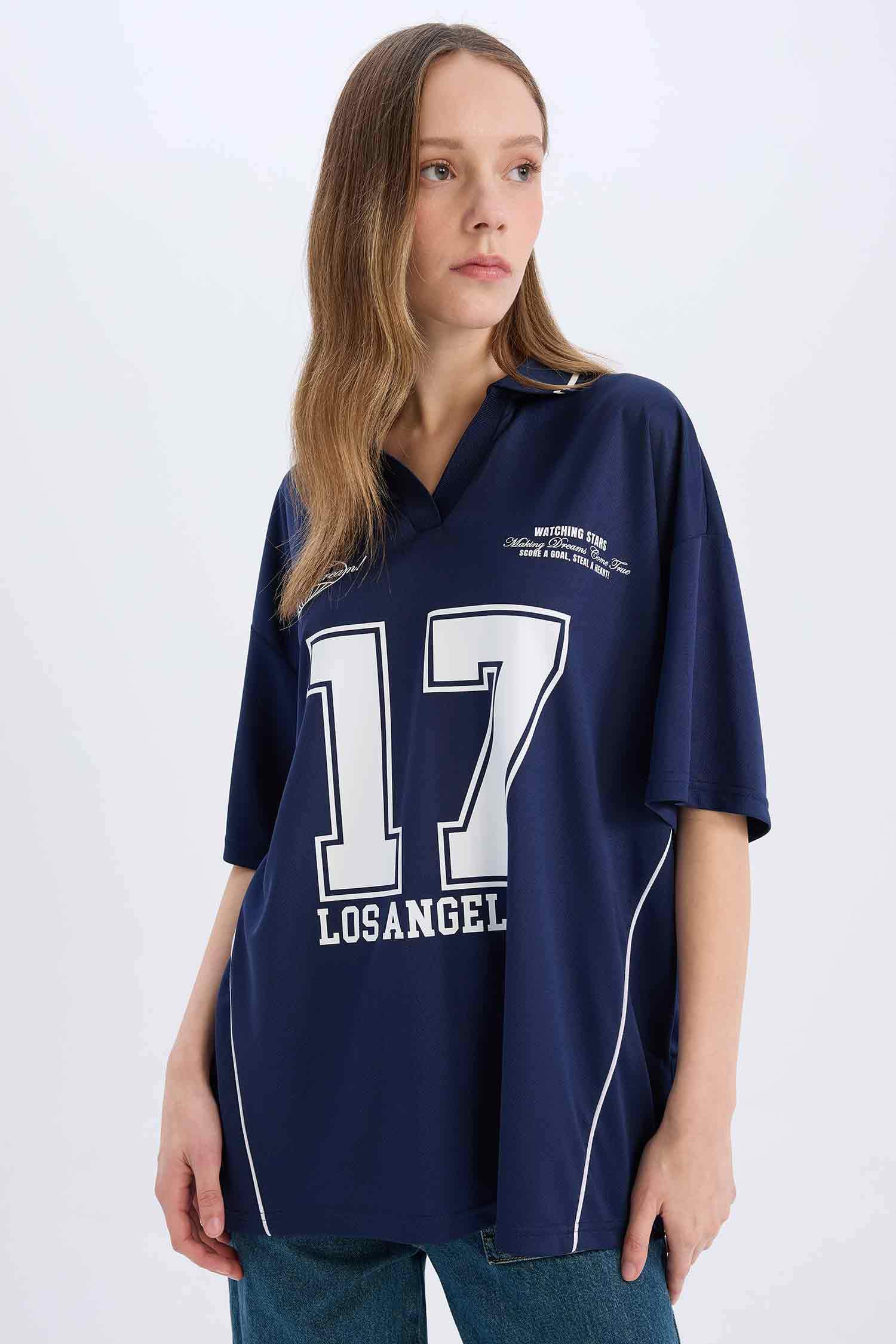 Coool Oversize Geniş Kalıp Polo Yaka Baskılı Forma Kumaşı Kısa Kollu Tişört