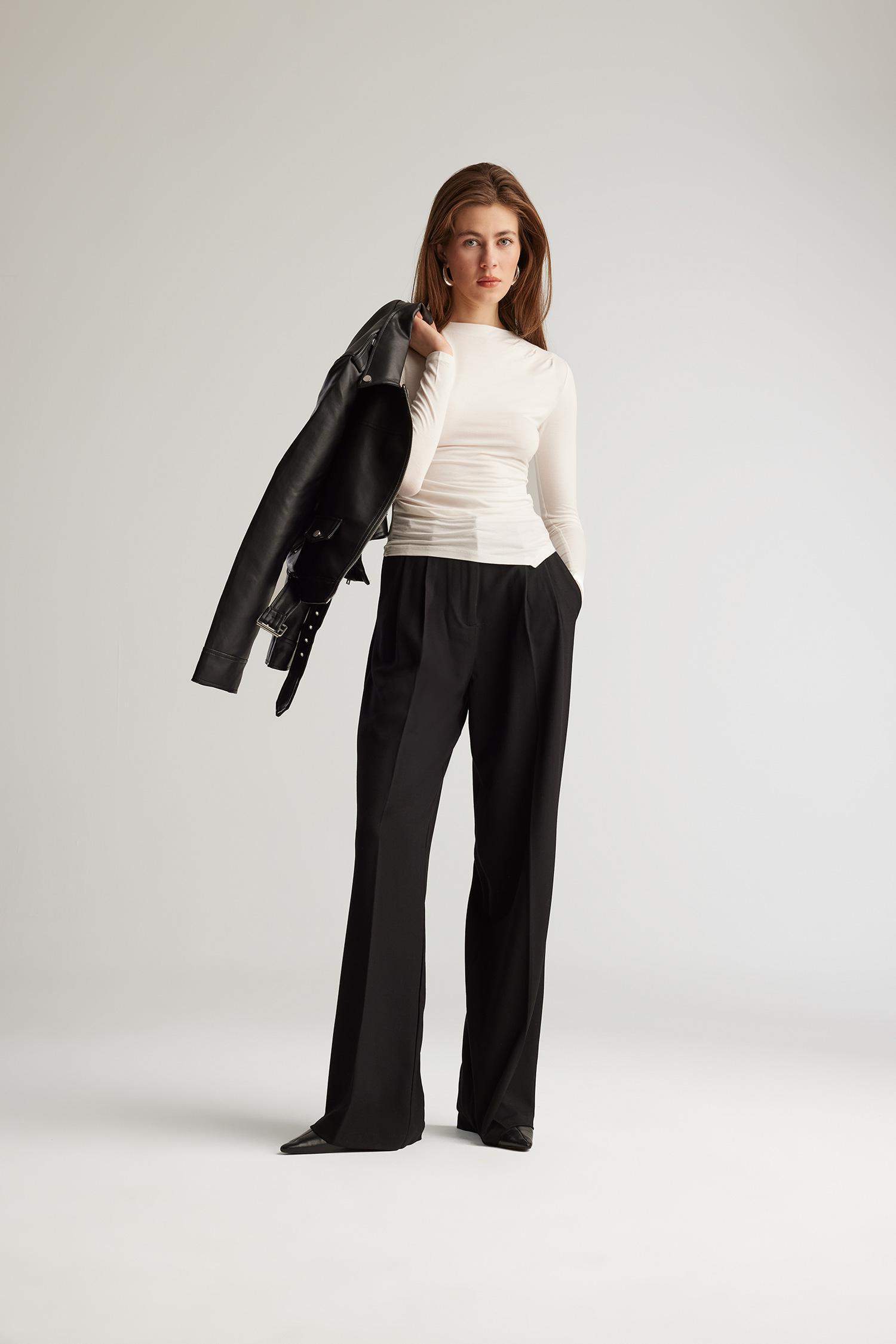 Wide Leg Zippered High Waist Trousers