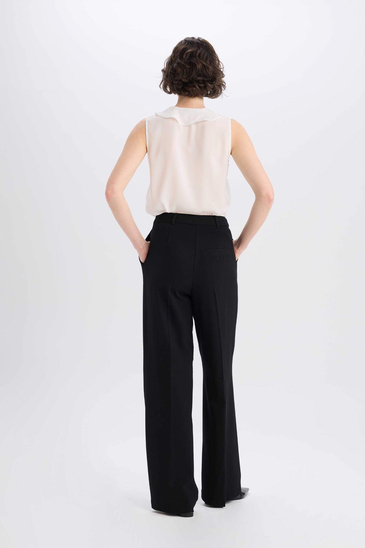 Wide Leg Geniş Paça Fermuarlı Yüksek Bel Cepli Standart Boy Kumaş Palazzo Pantolon