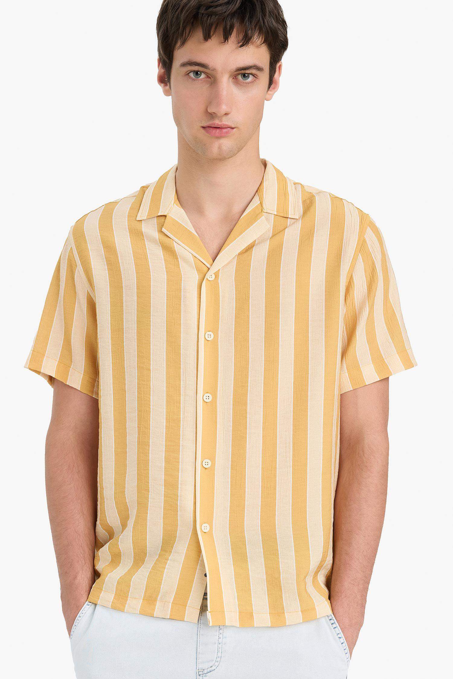 Regular Fit Apaş Yaka Baskılı Çizgili Kısa Kollu Gömlek