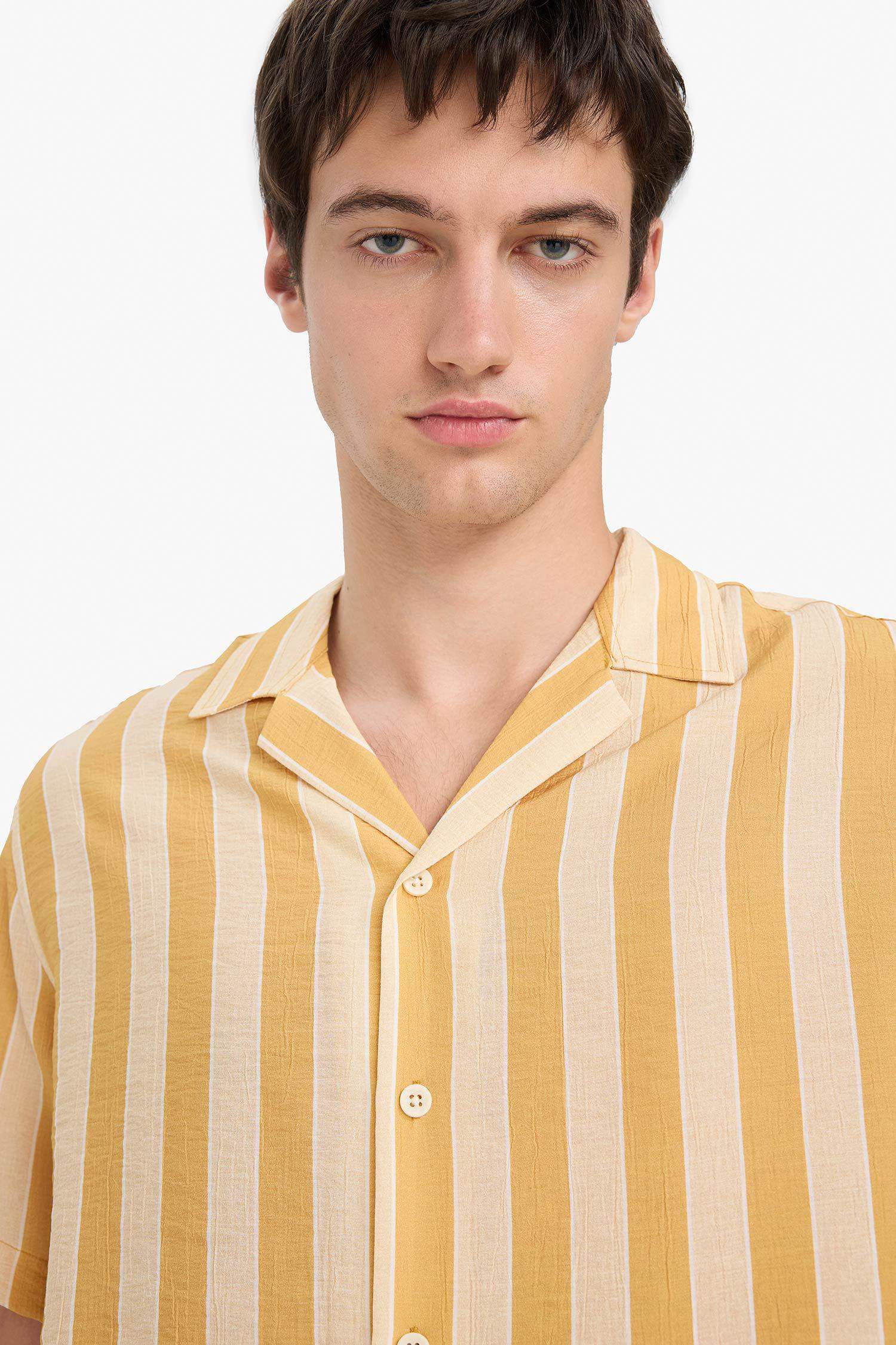 Regular Fit Apaş Yaka Baskılı Çizgili Kısa Kollu Gömlek