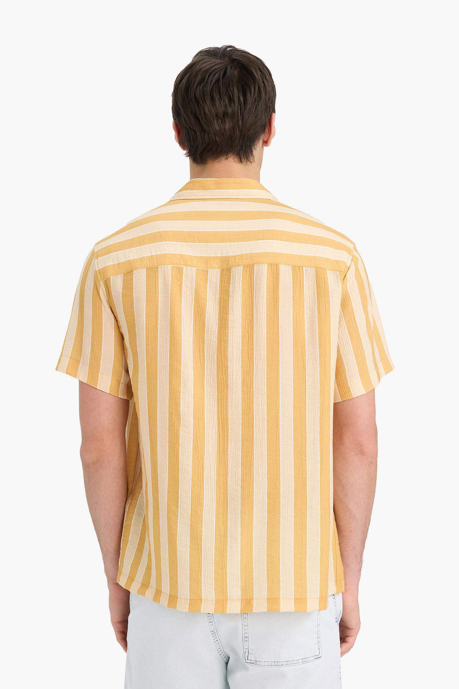 Regular Fit Apaş Yaka Baskılı Çizgili Kısa Kollu Gömlek
