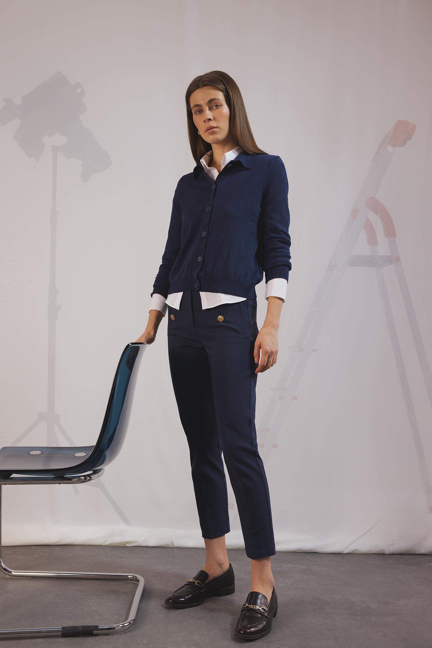 Skinny Fit High Waist Buttoned Straight Leg Trousers