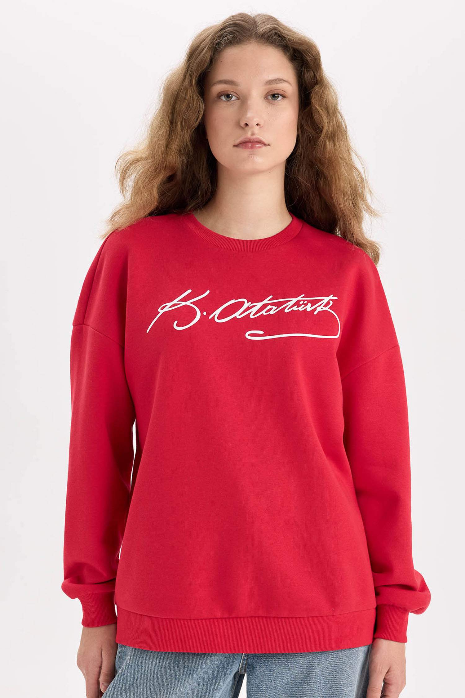 Oversize Geniş Kalıp Atatürk İmzalı Bisiklet Yaka Sweatshirt