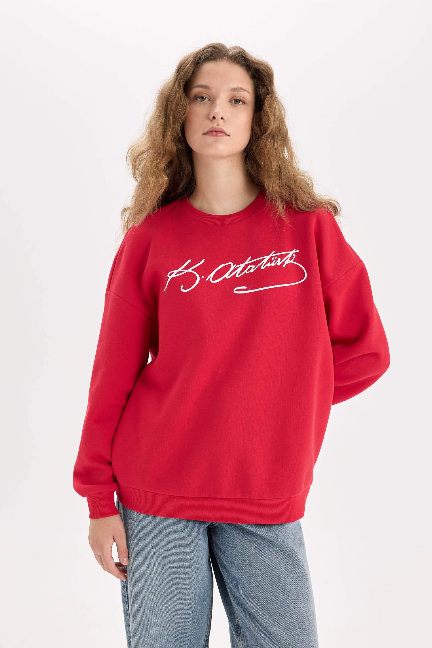 Oversize Geniş Kalıp Atatürk İmzalı Bisiklet Yaka Sweatshirt