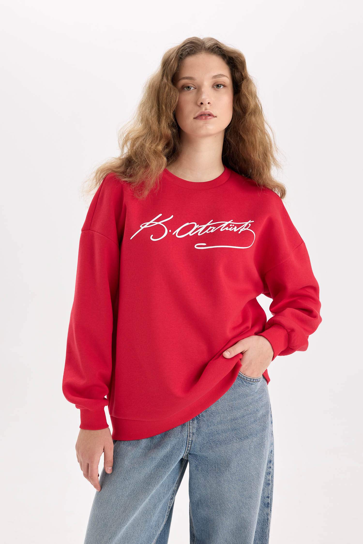 Oversize Geniş Kalıp Atatürk İmzalı Bisiklet Yaka Sweatshirt