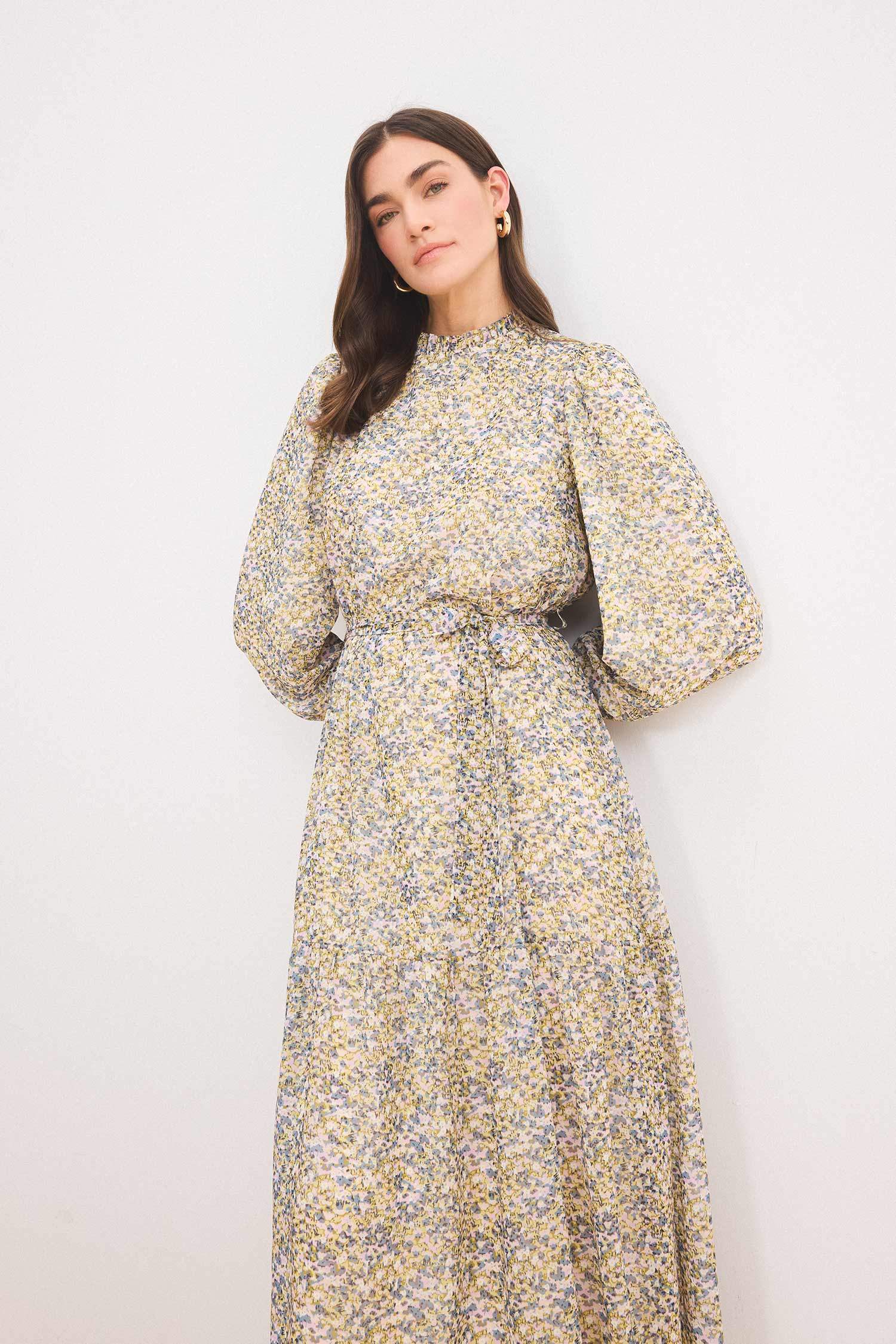 Bisiklet Yaka Desenli Kuşaklı Şifon Uzun Kollu Maxi Elbise