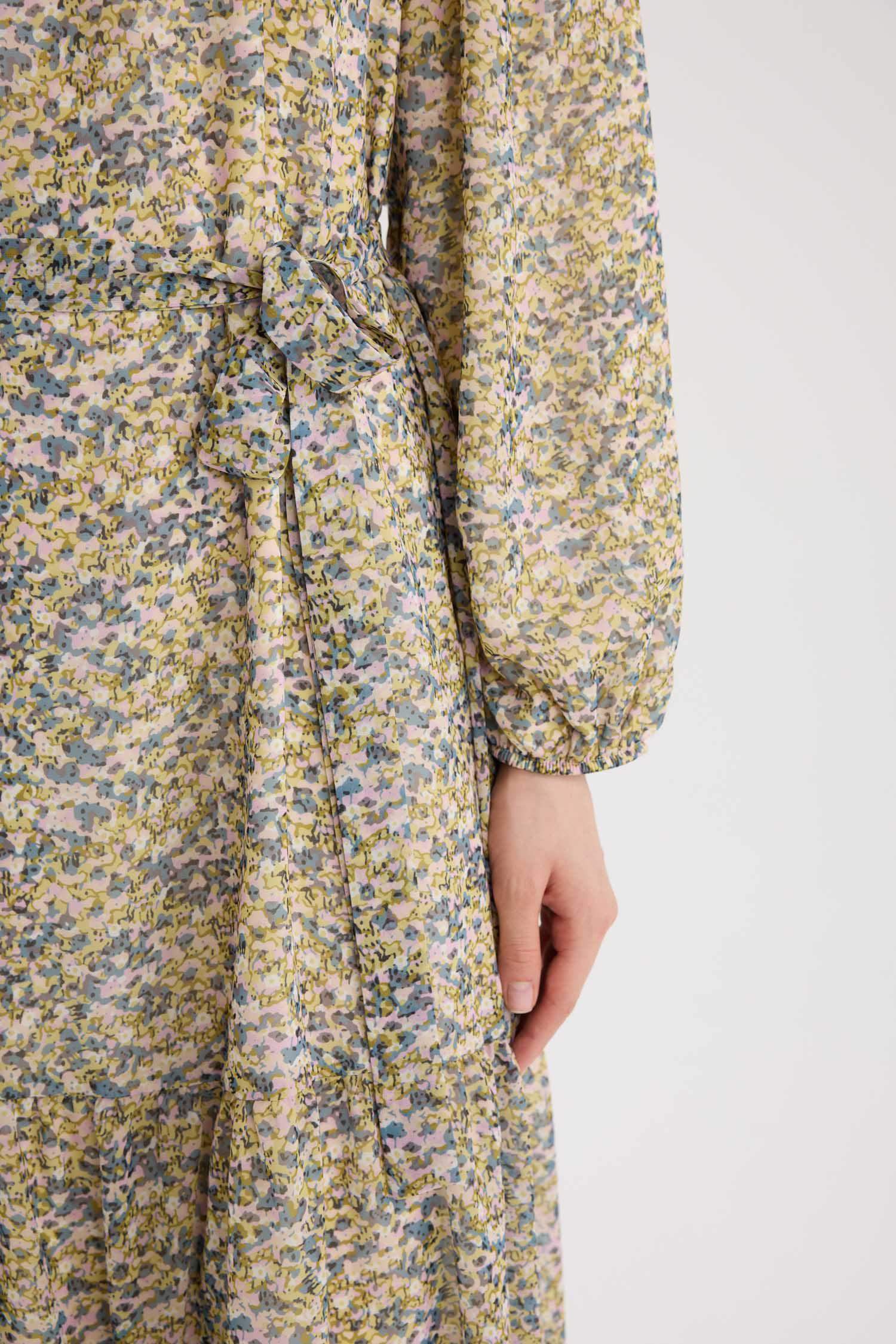 Bisiklet Yaka Desenli Kuşaklı Şifon Uzun Kollu Maxi Elbise