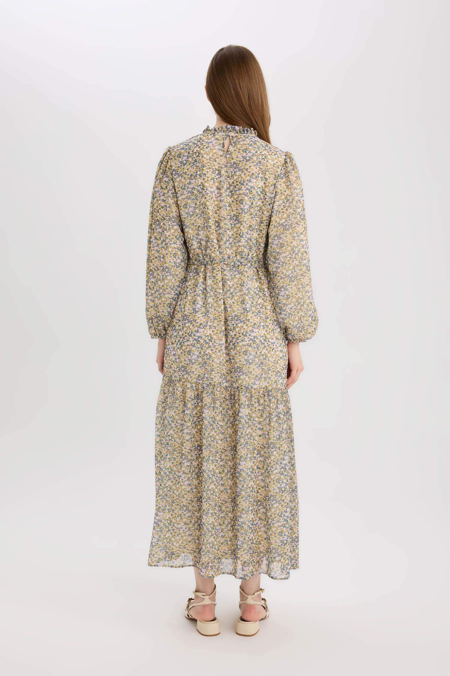 Bisiklet Yaka Desenli Kuşaklı Şifon Uzun Kollu Maxi Elbise