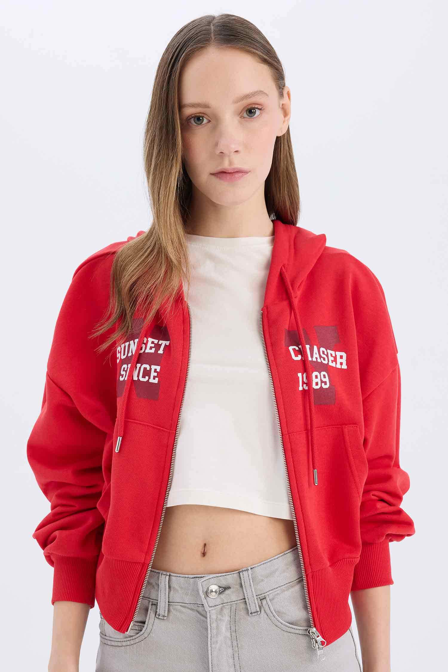 Oversize Geniş Kalıp Kapüşonlu Baskılı Kalın Fermuarlı Sweatshirt