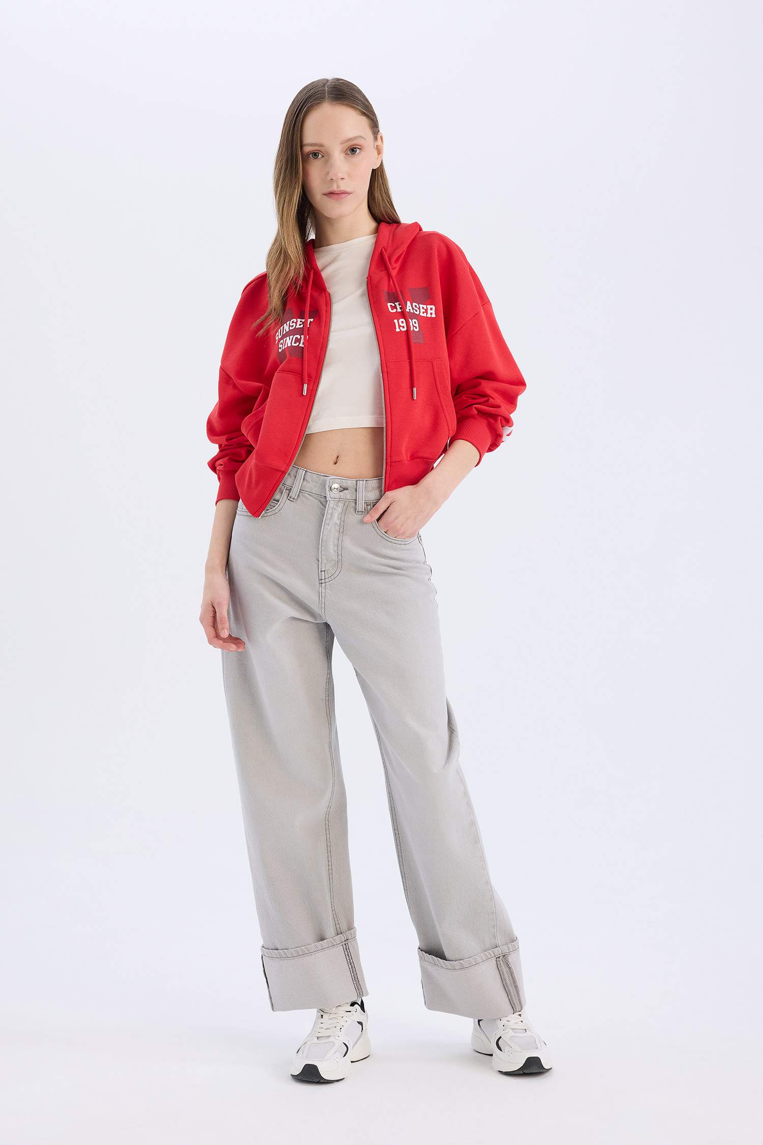 Oversize Geniş Kalıp Kapüşonlu Baskılı Kalın Fermuarlı Sweatshirt