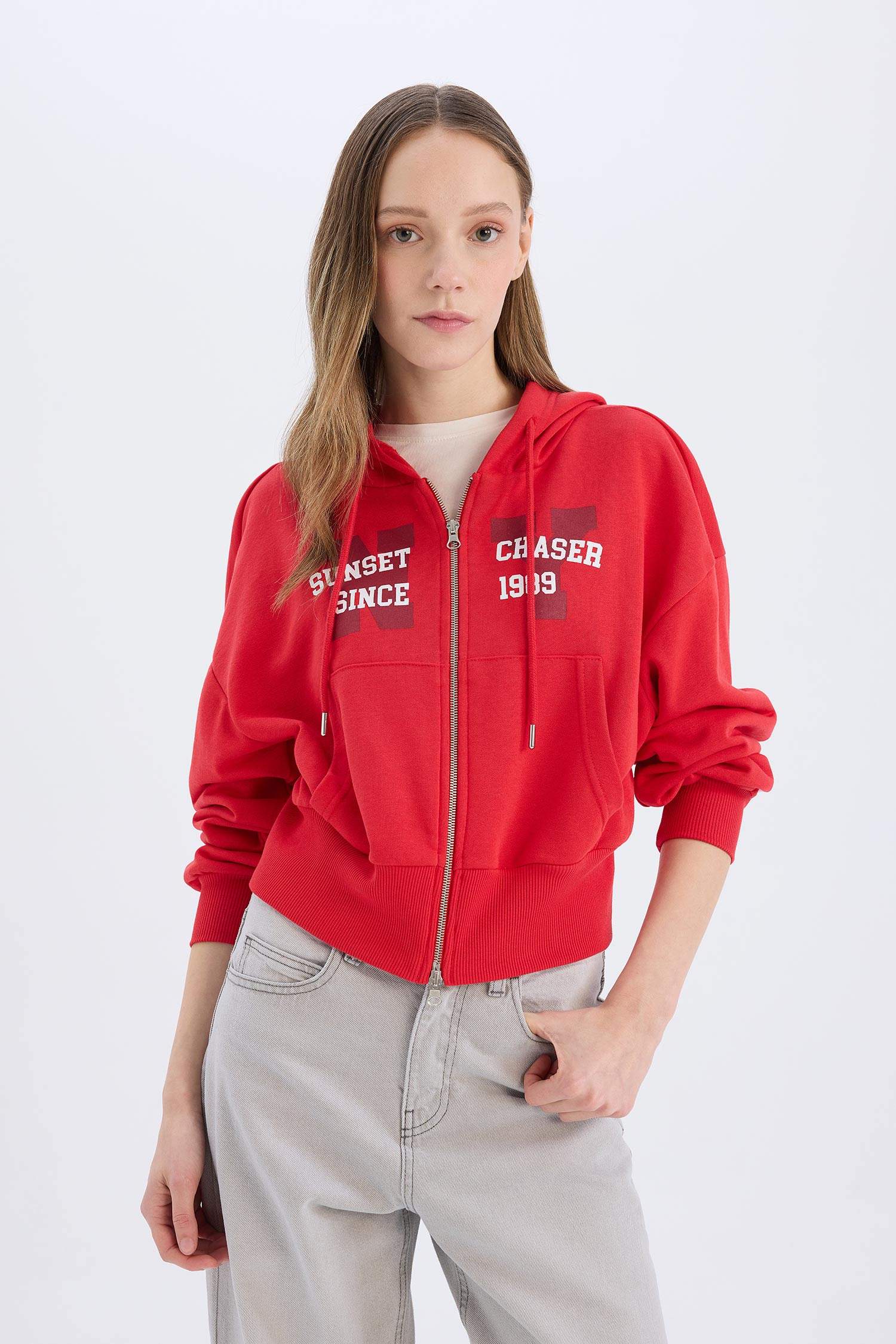 Oversize Geniş Kalıp Kapüşonlu Baskılı Kalın Fermuarlı Sweatshirt