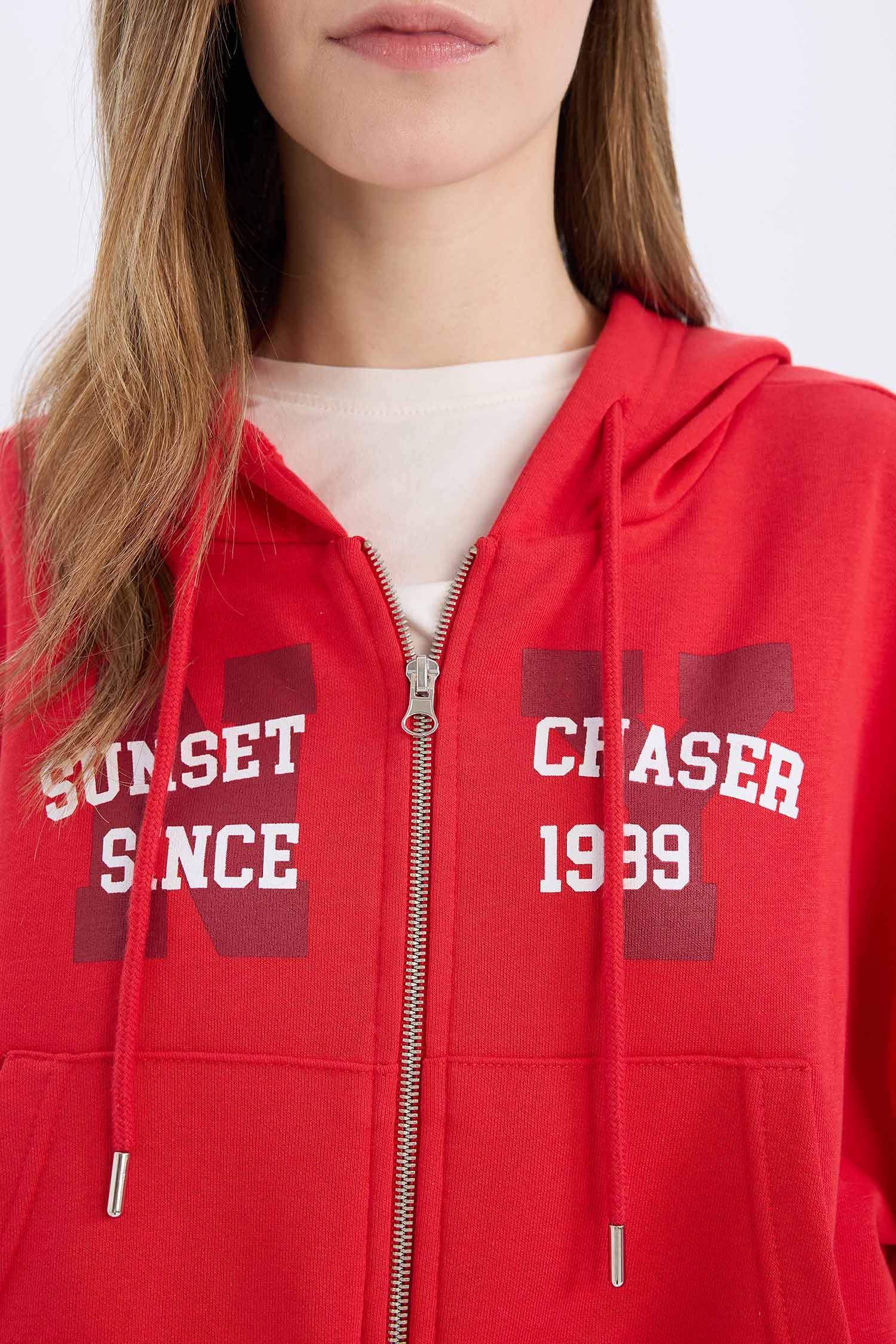 Oversize Geniş Kalıp Kapüşonlu Baskılı Kalın Fermuarlı Sweatshirt