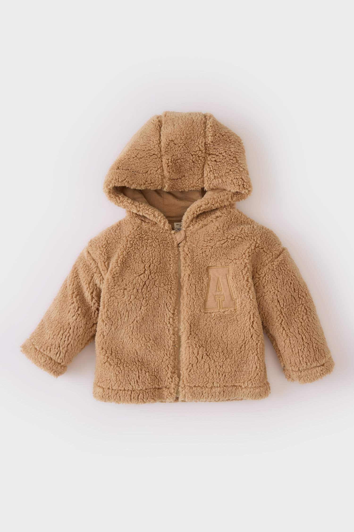 Baby Boy Regular Fit Hooded Slogan Patterned Zippered Plush Cardigan