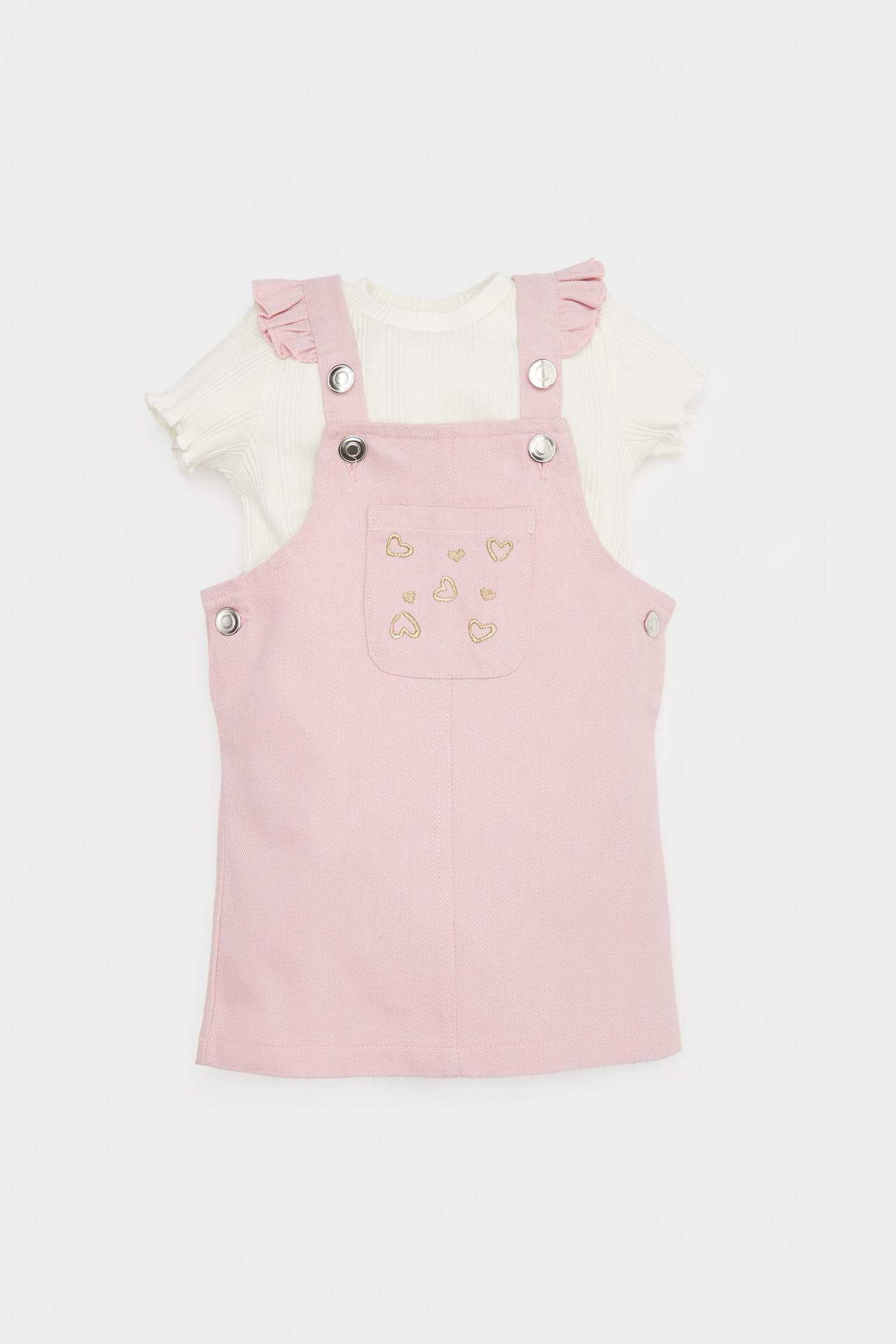 Kız Bebek 2'li Takım Kısa Kollu Tişört Ayarlanabilir Askılı Salopet Elbise