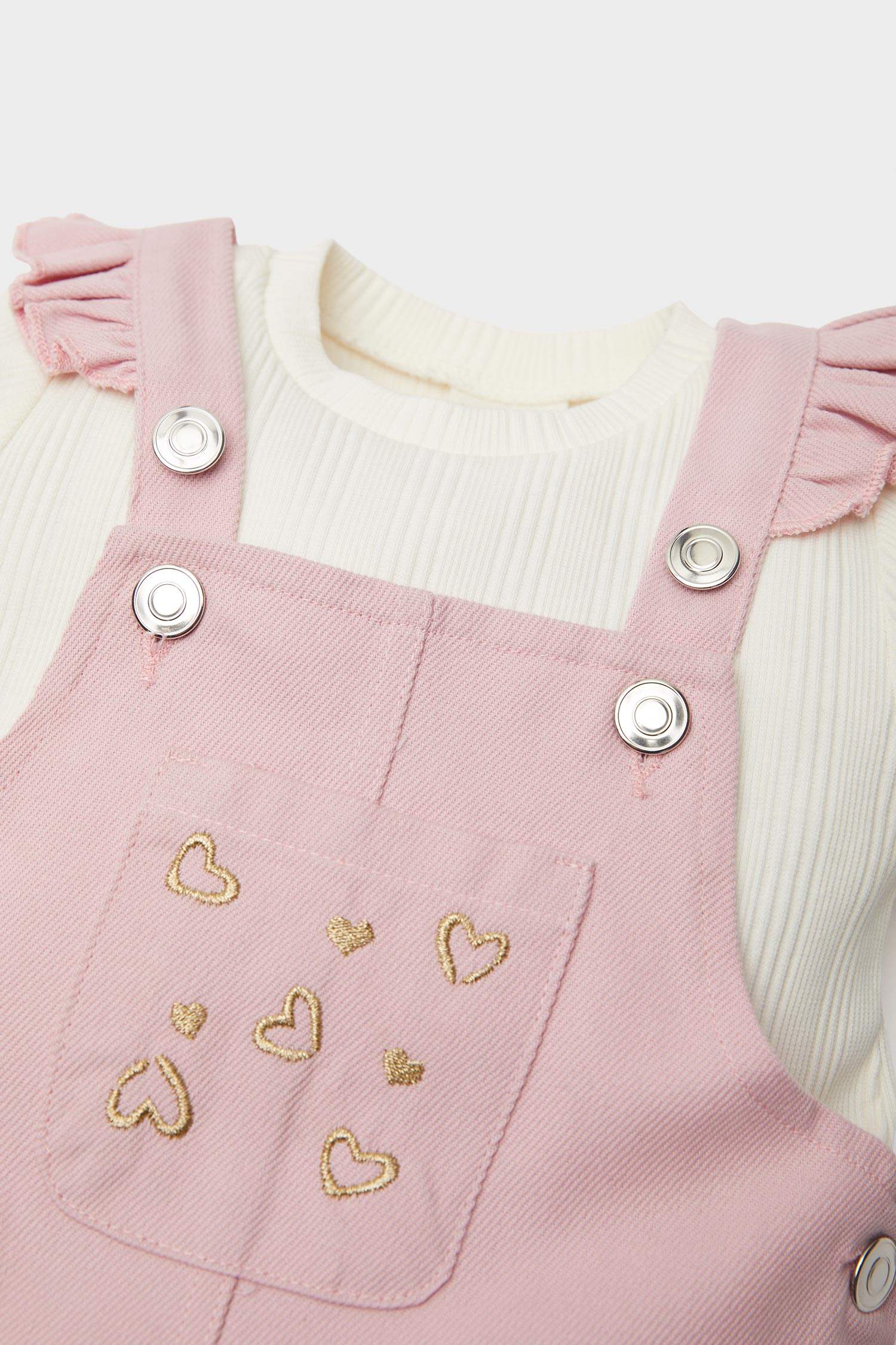 Kız Bebek 2'li Takım Kısa Kollu Tişört Ayarlanabilir Askılı Salopet Elbise