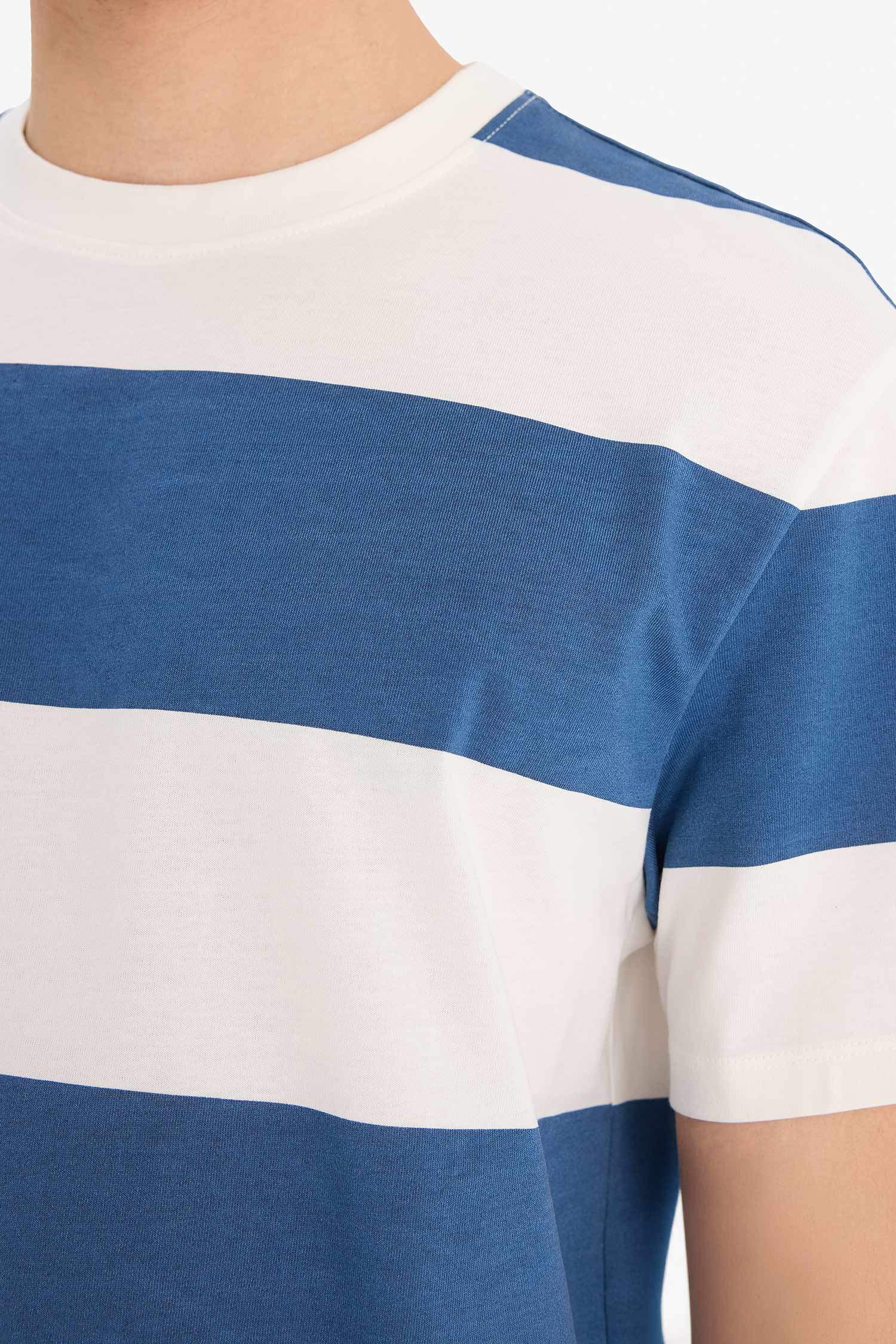 %100 Pamuk Regular Fit Bisiklet Yaka Çizgili Kısa Kollu Tişört