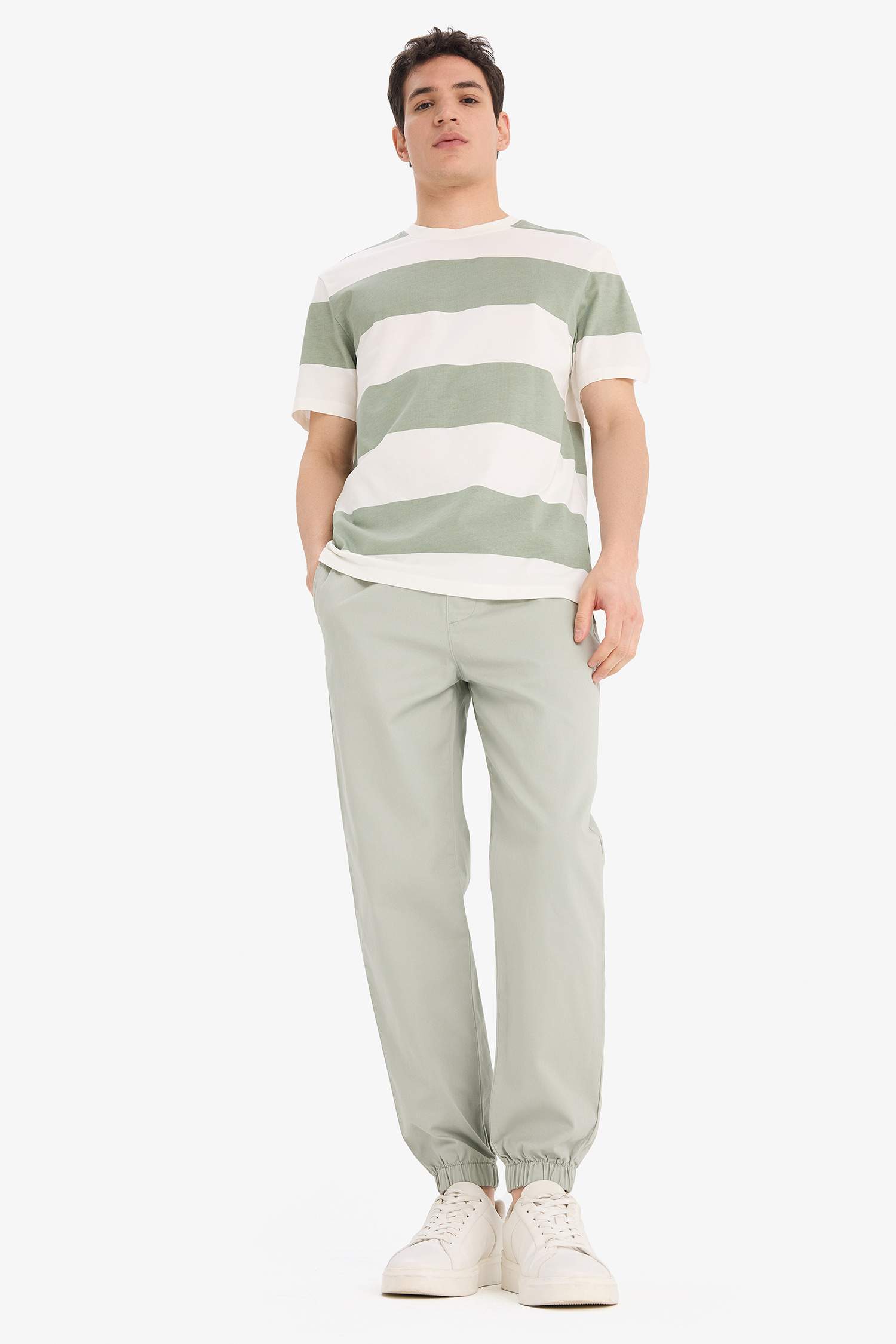 %100 Pamuk Regular Fit Bisiklet Yaka Çizgili Kısa Kollu Tişört