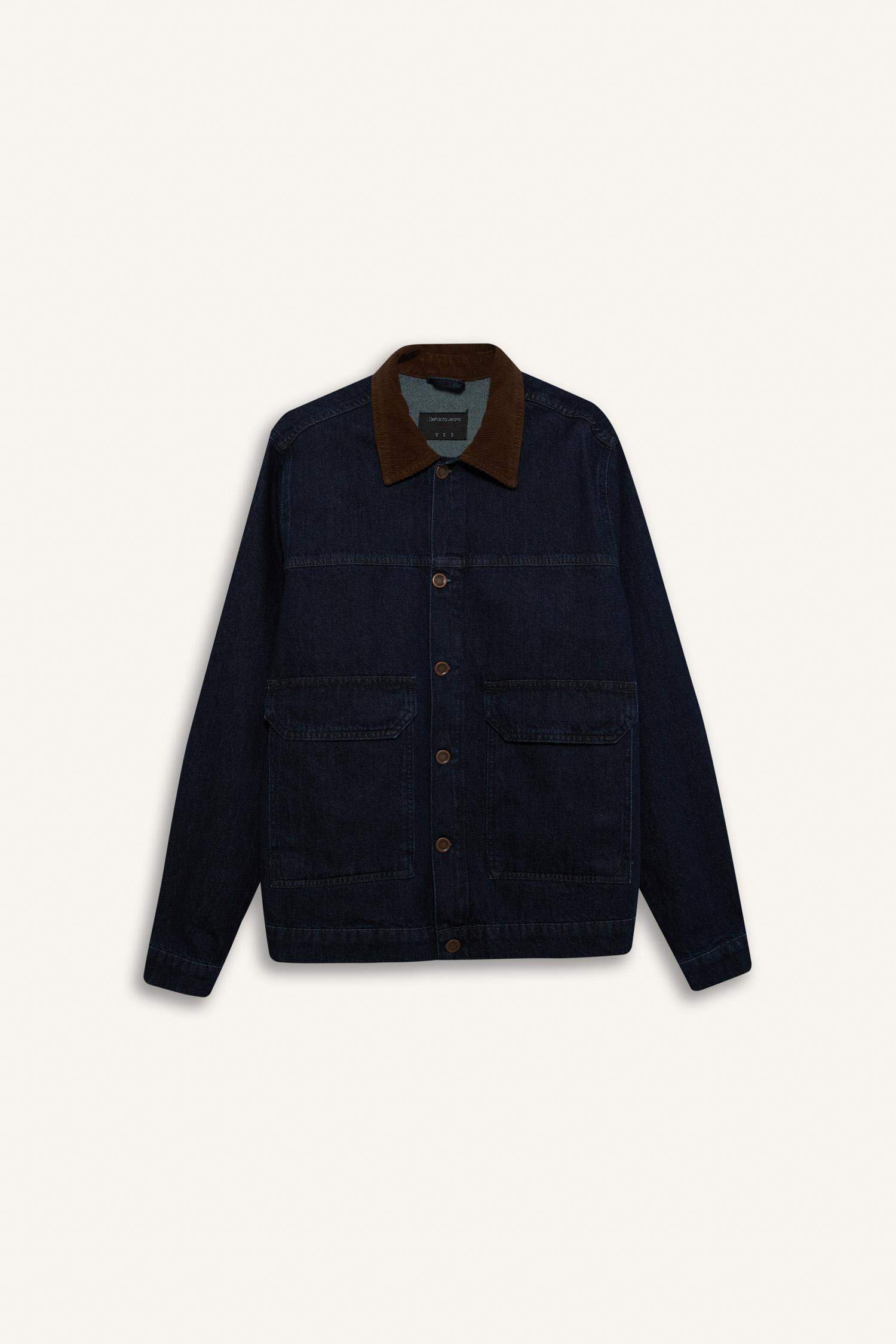 %100 Pamuk Slim Fit Dar Kesim Kontrast Yakalı Mevsimlik Baharlık Denim Ceket