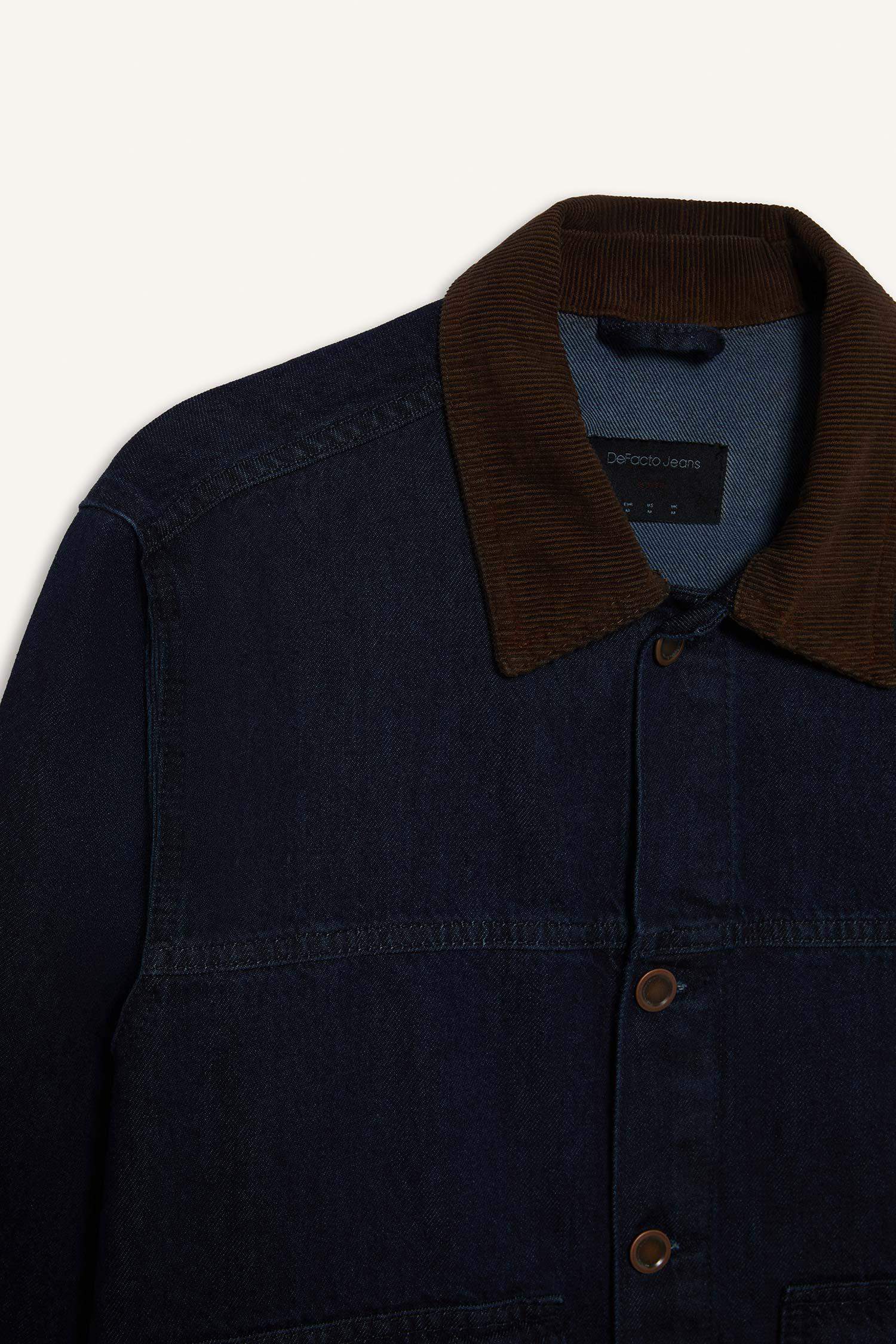 %100 Pamuk Slim Fit Dar Kesim Kontrast Yakalı Mevsimlik Baharlık Denim Ceket