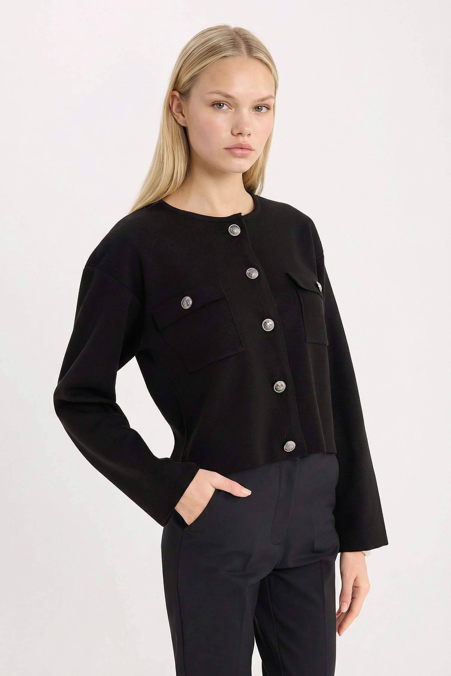 Regular Fit Bisiklet Yaka Düğmeli Triko Hırka