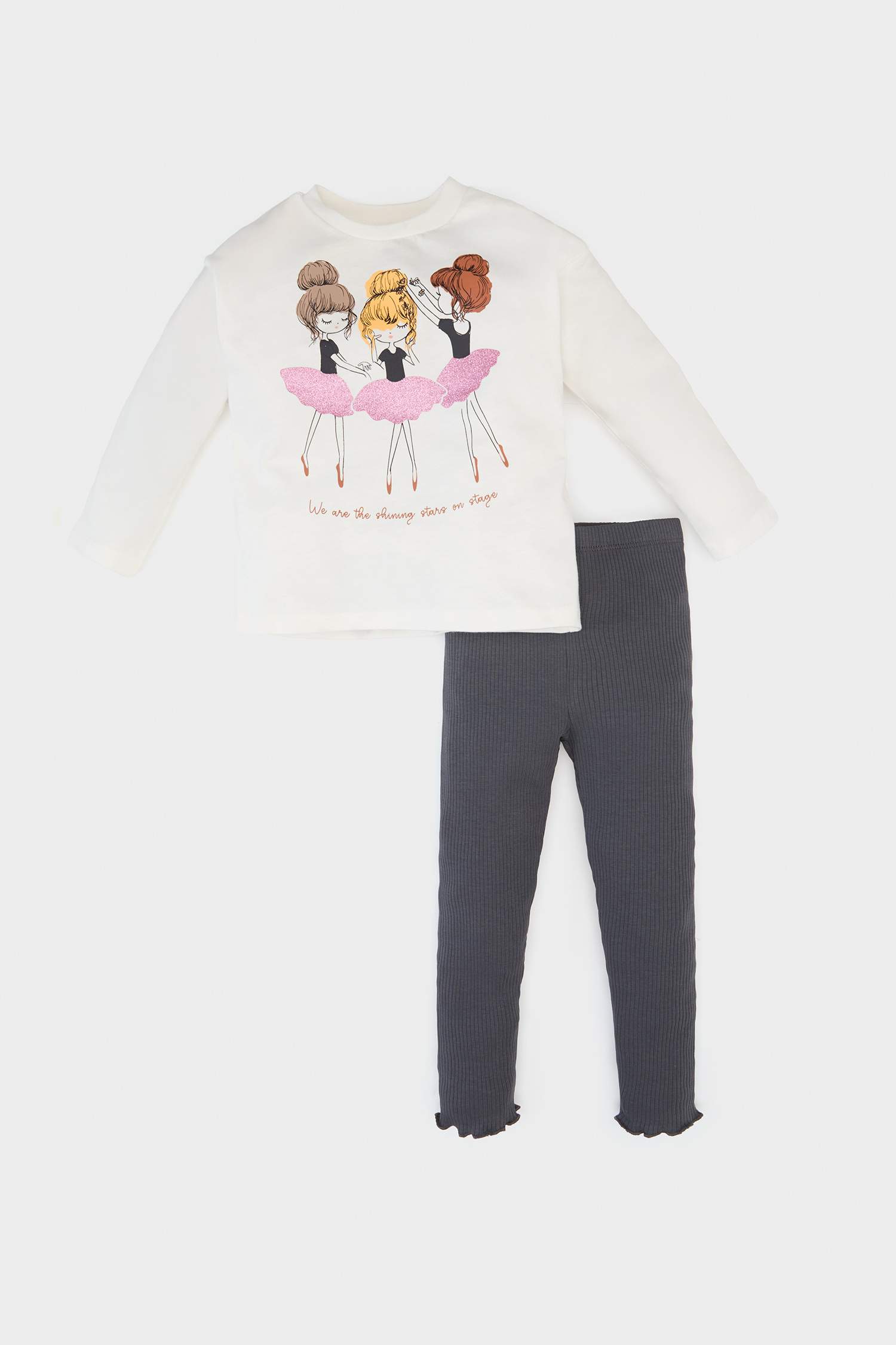 Kız Bebek 2'li Takım Balerin Baskılı Uzun Kollu Tişört Beli Lastikli Tayt