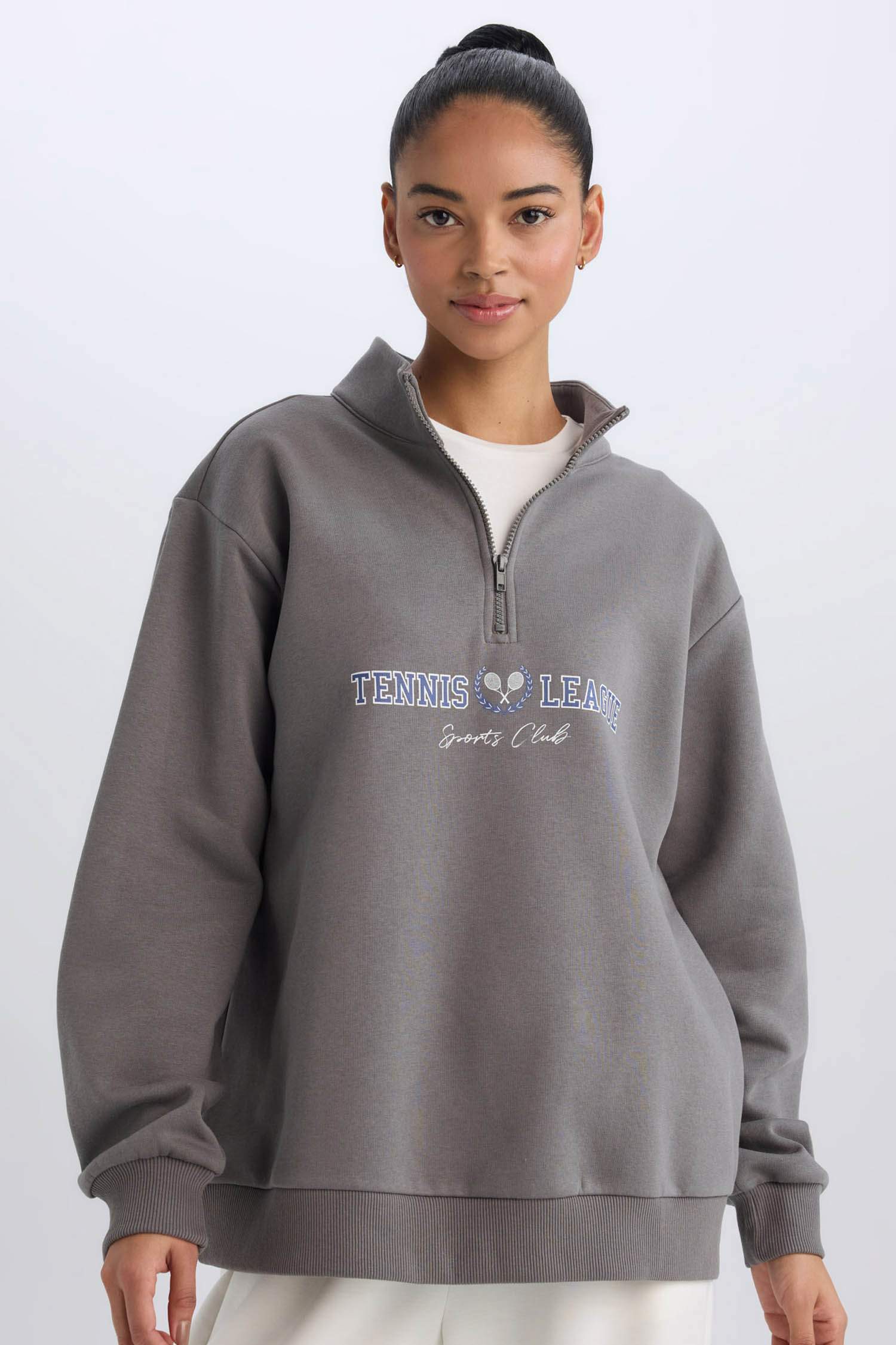 DeFactoFit Oversize Geniş Kalıp Fermuarlı Dik Yaka Baskılı Kalın Sporcu Sweatshirt