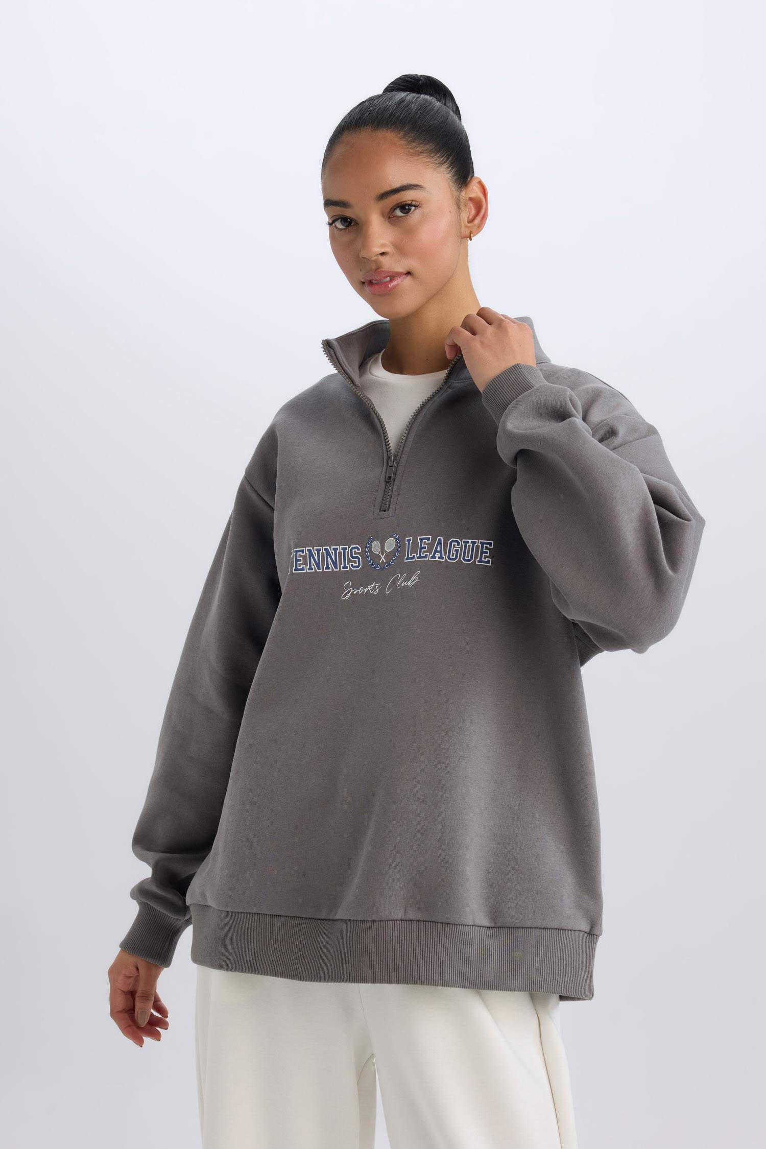 DeFactoFit Oversize Geniş Kalıp Fermuarlı Dik Yaka Baskılı Kalın Sporcu Sweatshirt