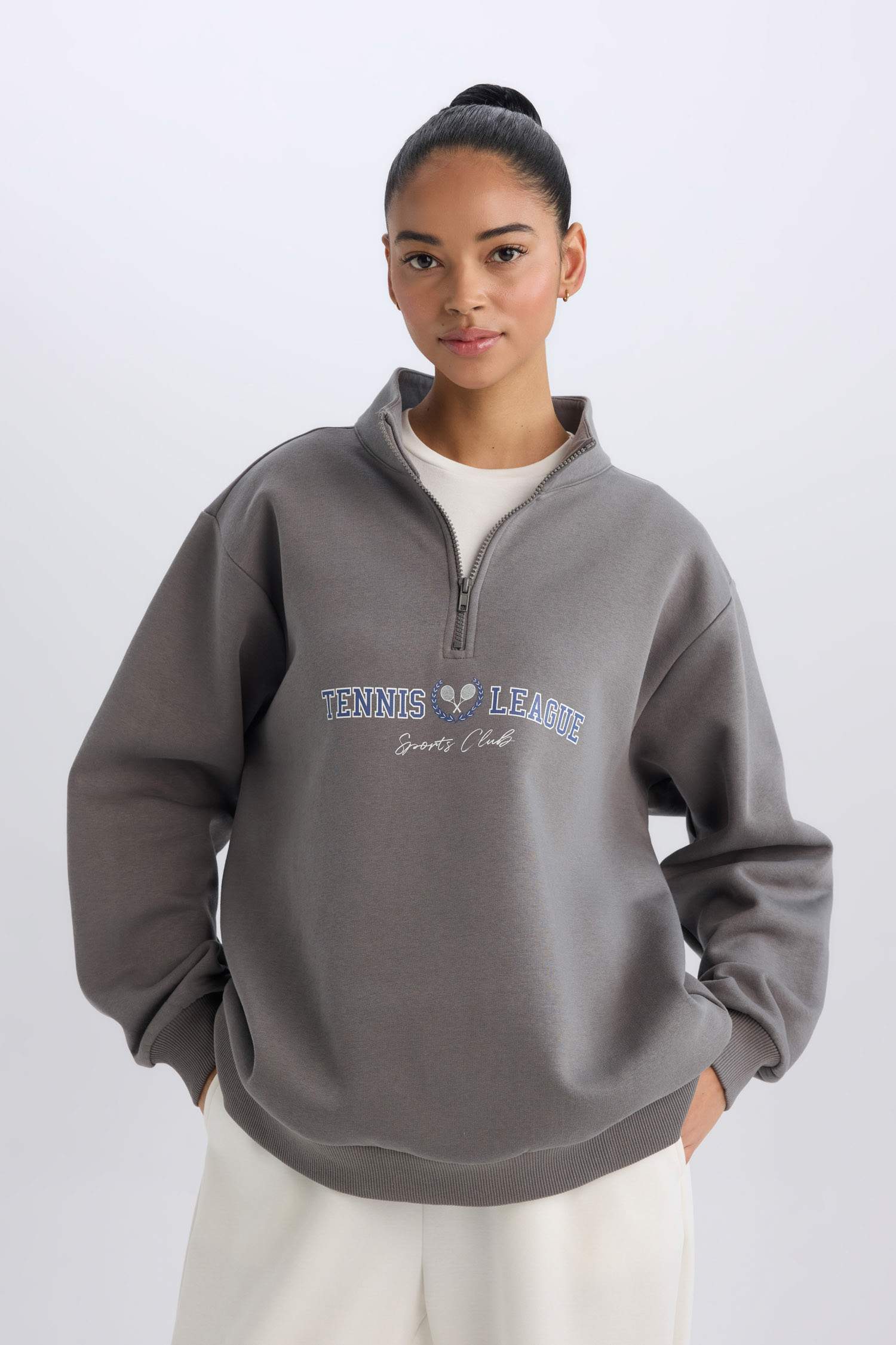 DeFactoFit Oversize Geniş Kalıp Fermuarlı Dik Yaka Baskılı Kalın Sporcu Sweatshirt