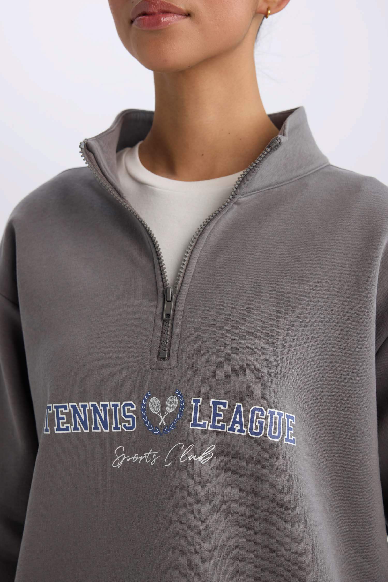 DeFactoFit Oversize Geniş Kalıp Fermuarlı Dik Yaka Baskılı Kalın Sporcu Sweatshirt