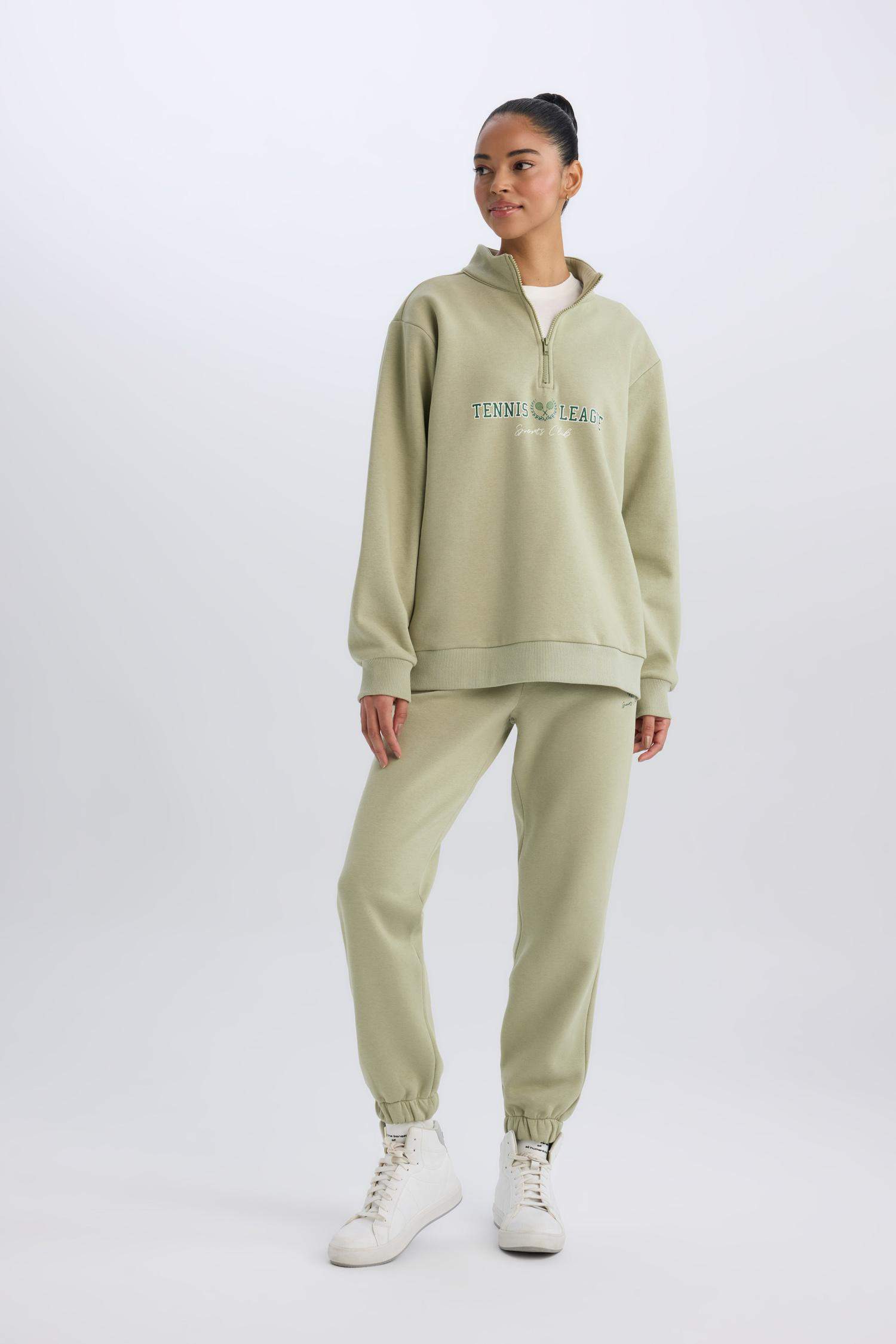 Oversize Geniş Kalıp Fermuarlı Dik Yaka Baskılı Kalın Sporcu Sweatshirt