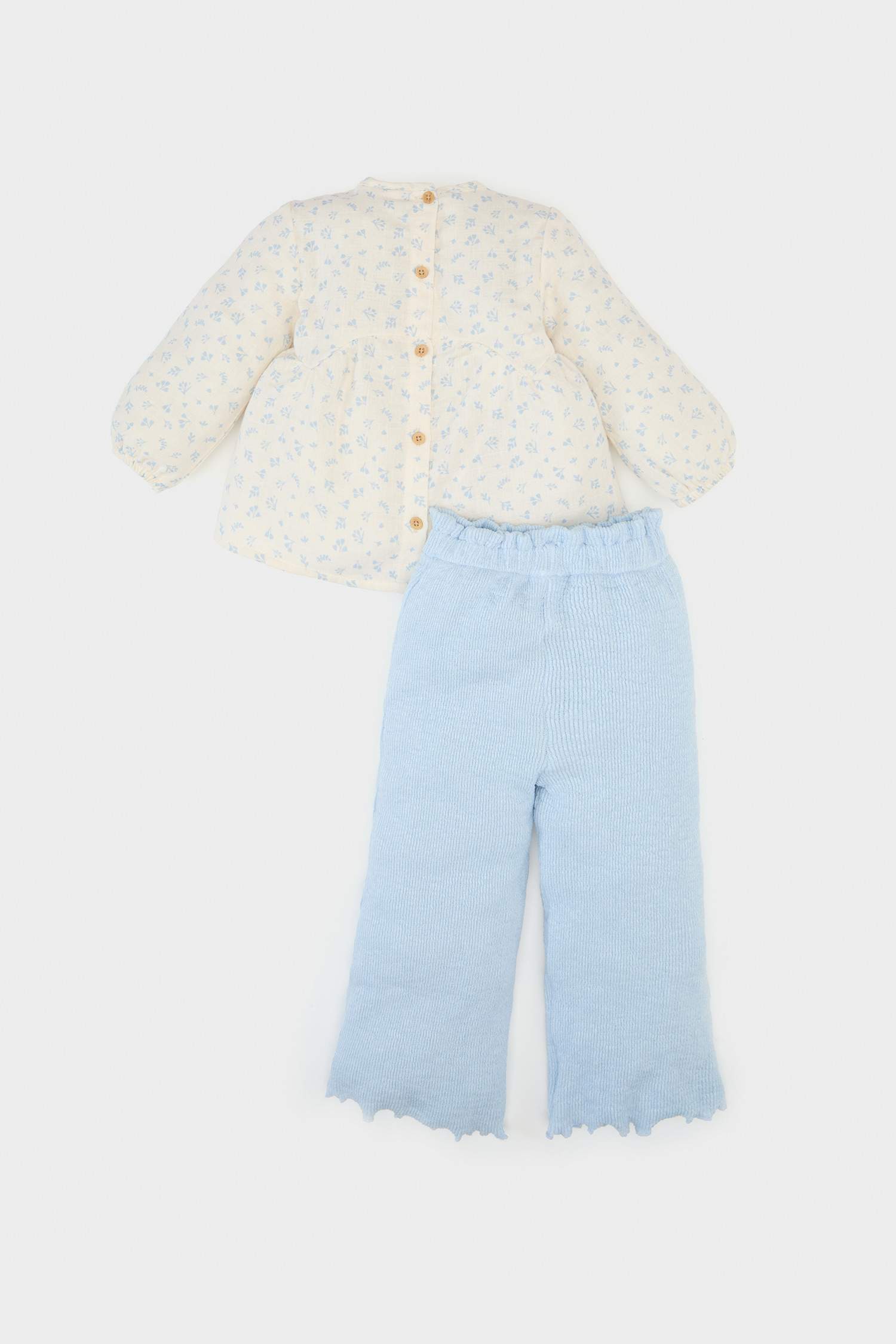 Kız Bebek 2'li Takım Çiçekli Müslin Uzun Kollu Bluz Beli Lastikli Geniş Bol Paça Pantolon