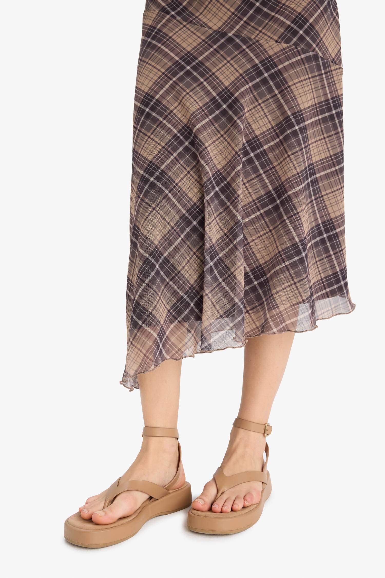 Asimetrik Kayık Yaka Kareli Tül Kolsuz Midi Elbise