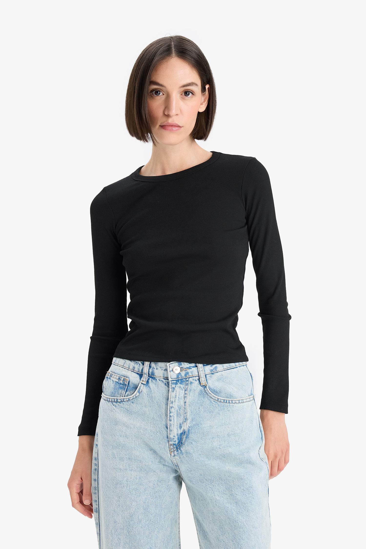 Slim Fit Dar Kesim Basic Düz Fitilli Kaşkorse Uzun Kollu Tişört