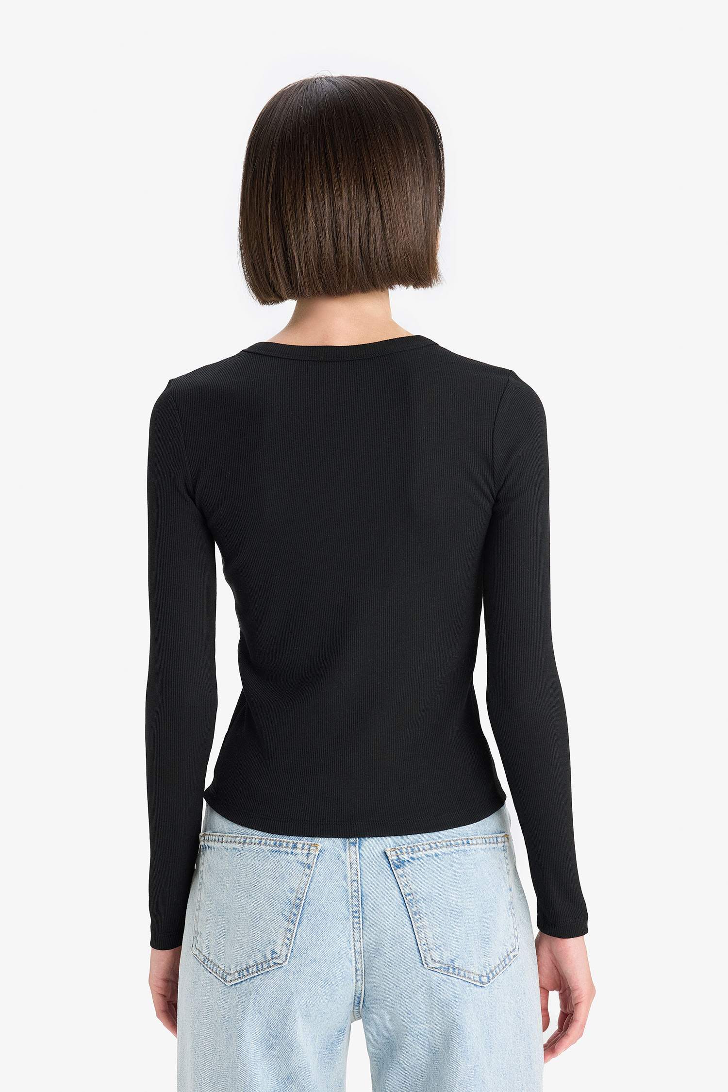 Slim Fit Dar Kesim Basic Düz Fitilli Kaşkorse Uzun Kollu Tişört