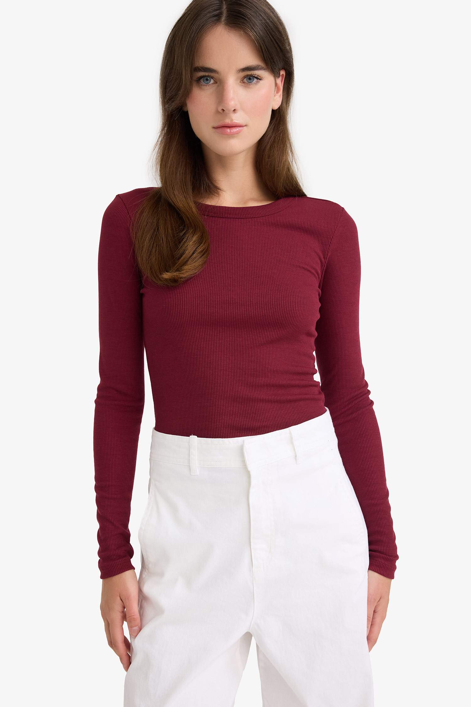 Slim Fit Dar Kesim Basic Düz Fitilli Kaşkorse Uzun Kollu Tişört