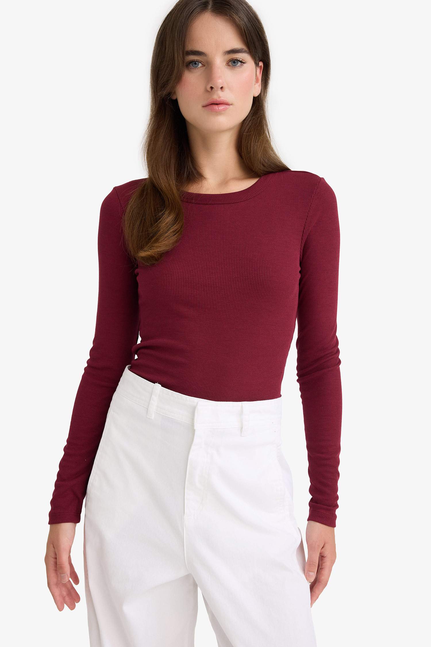 Slim Fit Dar Kesim Basic Düz Fitilli Kaşkorse Uzun Kollu Tişört