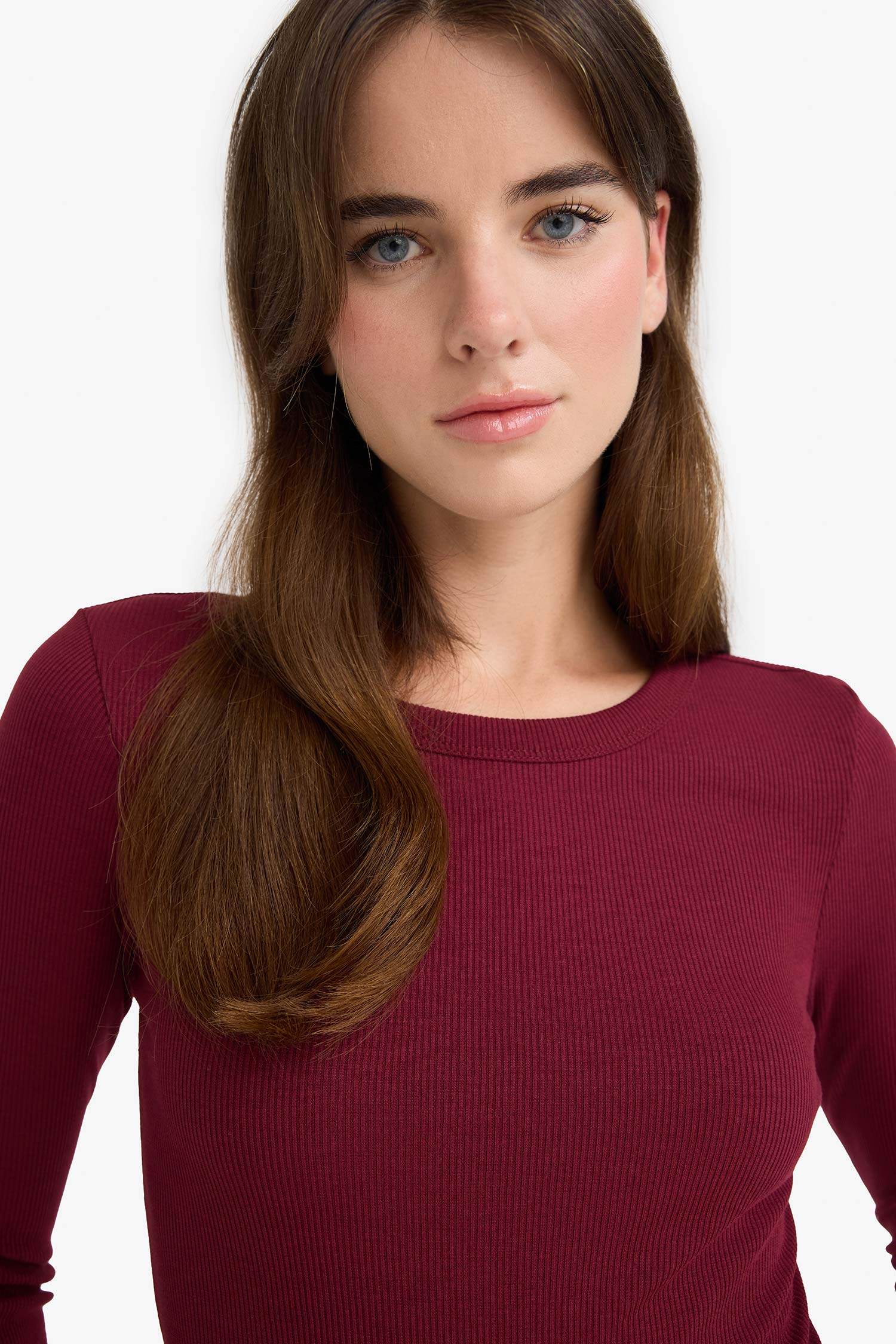 Slim Fit Dar Kesim Basic Düz Fitilli Kaşkorse Uzun Kollu Tişört