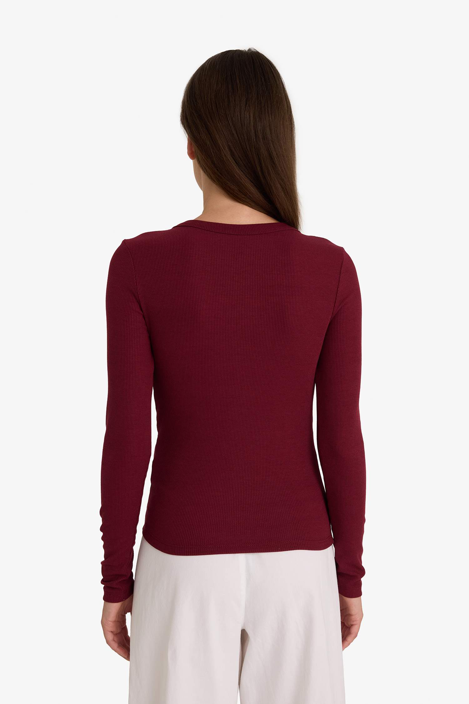 Slim Fit Dar Kesim Basic Düz Fitilli Kaşkorse Uzun Kollu Tişört